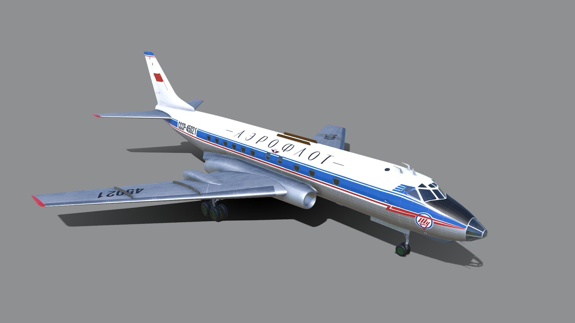 The Tupolev Tu-124 (NATO reporting name: Cookpot) was a 56-passenger short-range twinjet airliner built in the Soviet Union. It was the first Soviet airliner powered by turbofan engines. Developed from the medium-range Tupolev Tu-104, the Tu-124 was meant to meet Aeroflot's requirement for a regional airliner to replace the Ilyushin Il-14 on domestic routes. Resembling a 75% scaled-down Tu-104, the two were hard to tell apart at a distance but it was not a complete copy of the Tu-104. The Tu-124 had a number of refinements, including double-slotted flaps, a large centre-section airbrake and automatic spoilers. Unlike the Tu-104, the wing trailing edge inboard of the undercarriage was unswept - Tupolev Tu-124 - Buy Royalty Free 3D model by Tim Samedov (@citizensnip) 3d model
