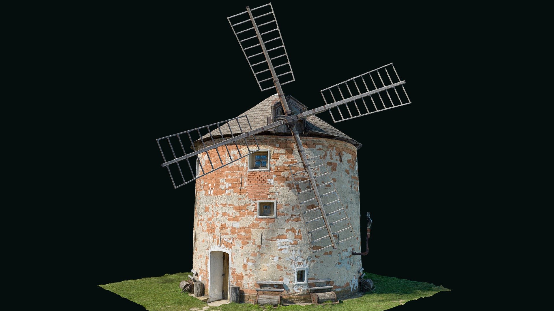 Sometime wide wings of windmills decorated and dominated the landscape. Standing away from the settlements, they looked lonely but powerful, welcoming the wind with all their might.

Kunkovice windmill 
Lat: 49.183990
Long: 17.171680
Czech Republic

Photogrammetry reconstruction in RealityCapture from 455 images. © Saulius Zaura www.dronepartner.lt 2023 - Kunkovice windmill (cut) - 3D model by Saulius.Zaura 3d model