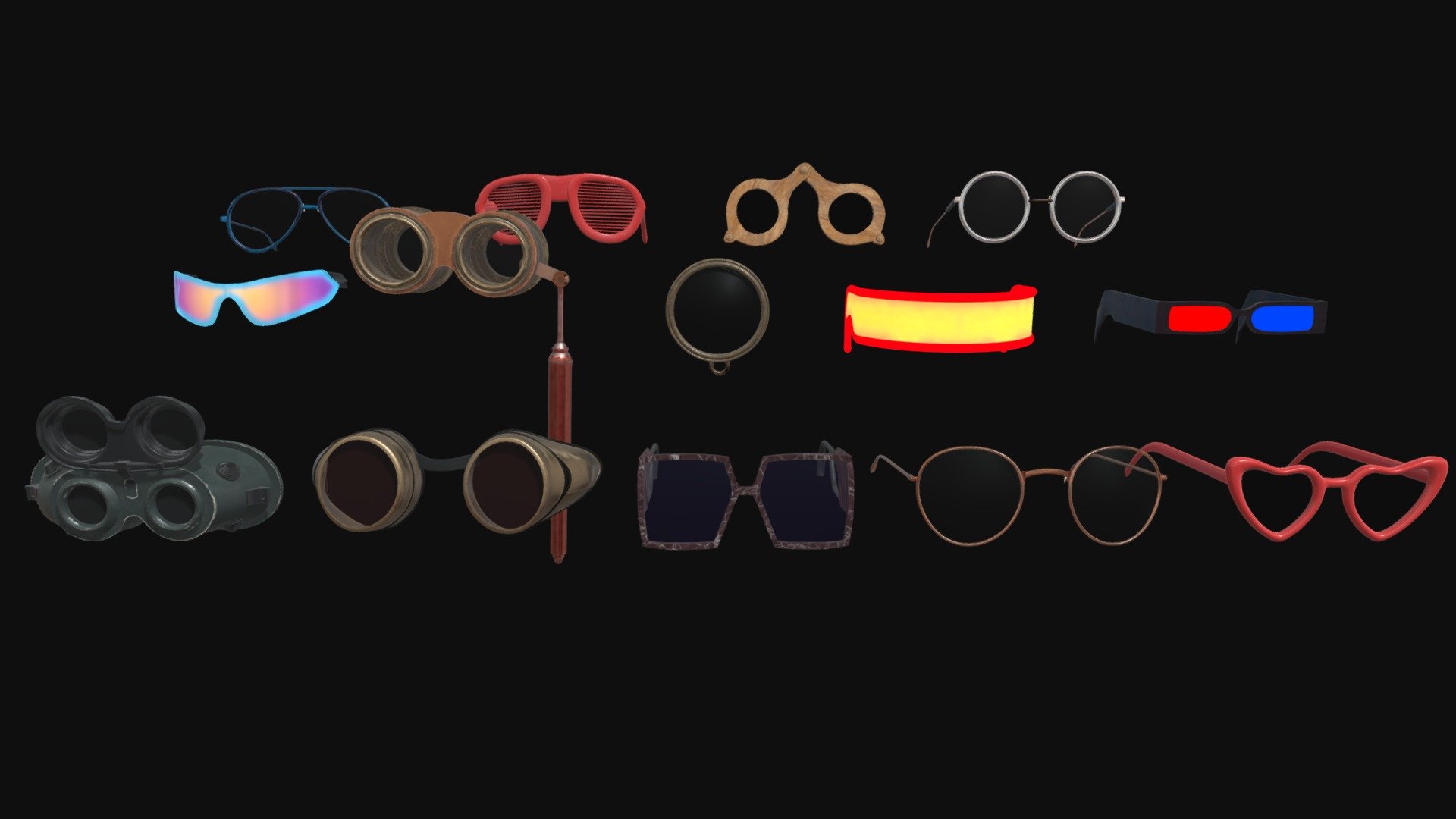 this is a collection of diferent types of glasess, this collection has:
-cine glasses 
-office glasses 
- opera glasses 
- welding goggles
- cyberpunk glasses 
- monocle
- glasses with style
-  heart glasses
-  medieval glasses
-  steampunk glasses

I hope you like it, i’m a 3d modelator of colombia. if you want to contact me you can do in: juancamilojr0212@gmail.com or in discord: batman_comunista#3772 and follow me in instagram: https://www.instagram.com/juanjimenez0212/?hl=es-la

thanks for see! - glasses collection - Download Free 3D model by mister_monopoly 3d model