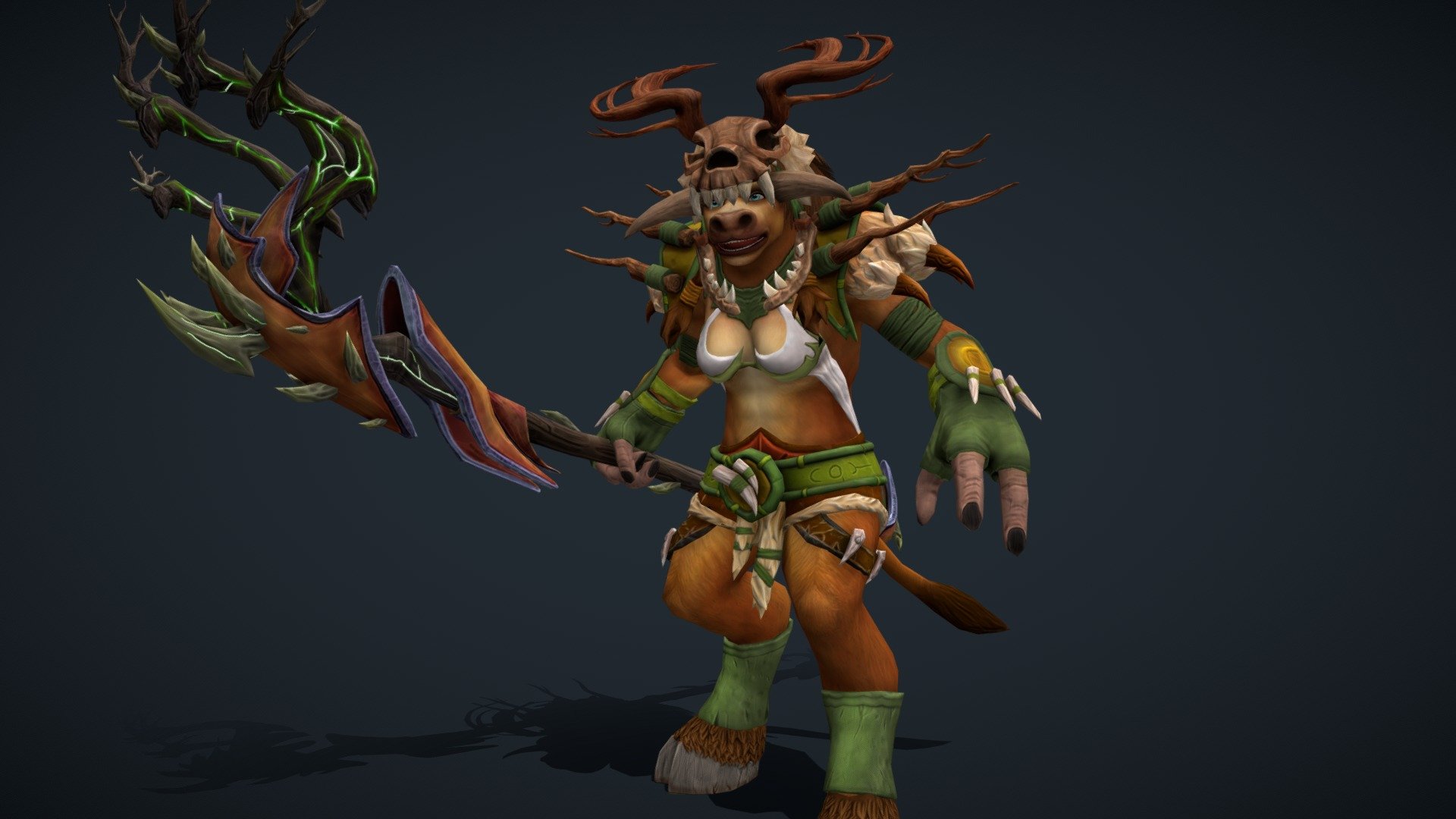 A Tauren Druid, based on my in game character :) 

This was the first character I made at Univerity! It had to be Under 20k tris and have up to 3 2k textues.

Heres a link to my artstation with more renders - https://www.artstation.com/artwork/ybNwvQ - Tauren Druid - 3D model by BeccyCollins 3d model