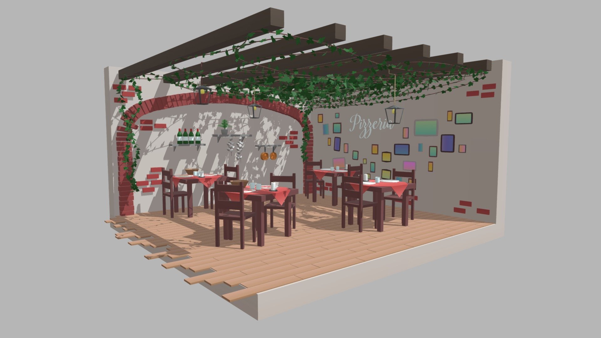 Small diorama of an Italian restaurant. 

Complete with tables, chairs, cutlery, decoration and common objects that could be found in an italian restaurant such as garlic, bottles, pasta &amp; pizza and also ivy for decoration 3d model