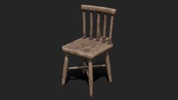 Old wood chair vintage, heavy, worn, used, ready, dirty, old, optimized, game, pbr, lowpoly, chair, low, poly, wood