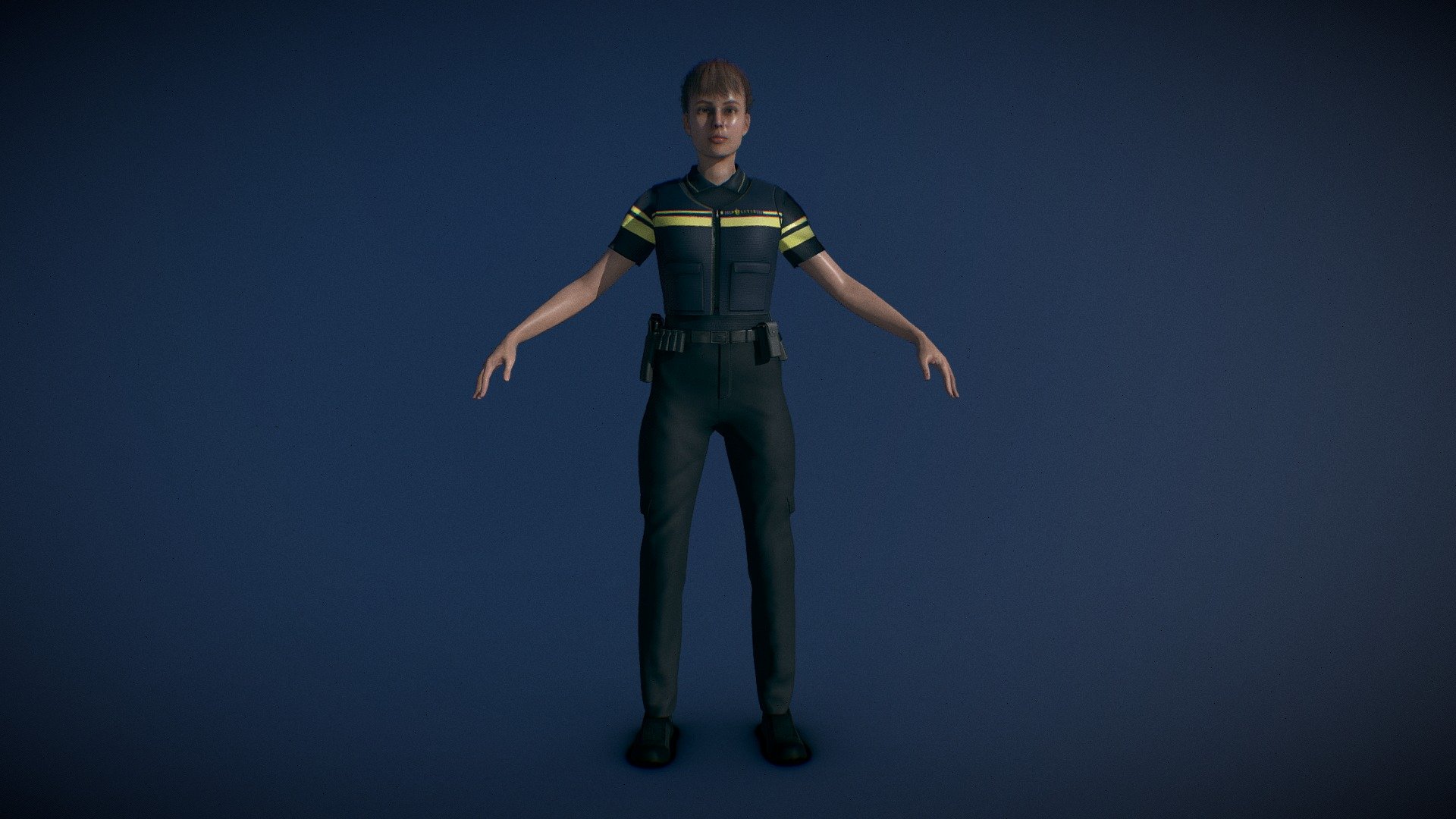For a custom dutch police VR simulation project, we made a custom dutch police female officer model with realistic details and rigged. 

The related VR project is as experimental to learn diffirent scenario's as a police officer and how it is like being in a world where everything can happen just as in real life. This model and project affiliated content will not be downloadable or available to the public it was rigged so it fits the Unreal Engine 4 mannequin.

This project is not affiliated to the original author AKA Politie Nederland and its subsidaries 3d model