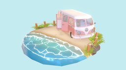 By the Sea tropical, classic, bus, ocean, volkswagen, sand, pink, beach, turquoise, volkswagencar, vehicle, pbr, lowpoly, car, sea