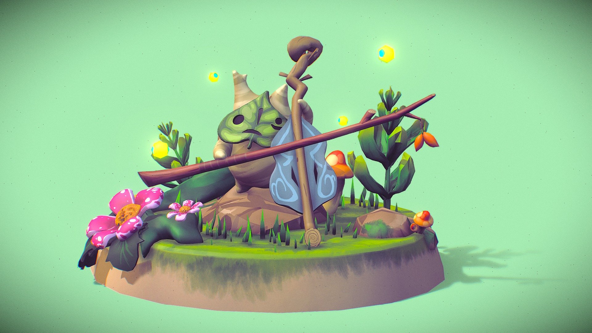 Low poly diorama with Makar from The Legend of Zelda Wind Waker playing music. I tried for the first time to use the sculpting tool in Maya, Hope you guys will like him !! - Zelda Wind Waker Makar - 3D model by FaNapha 3d model