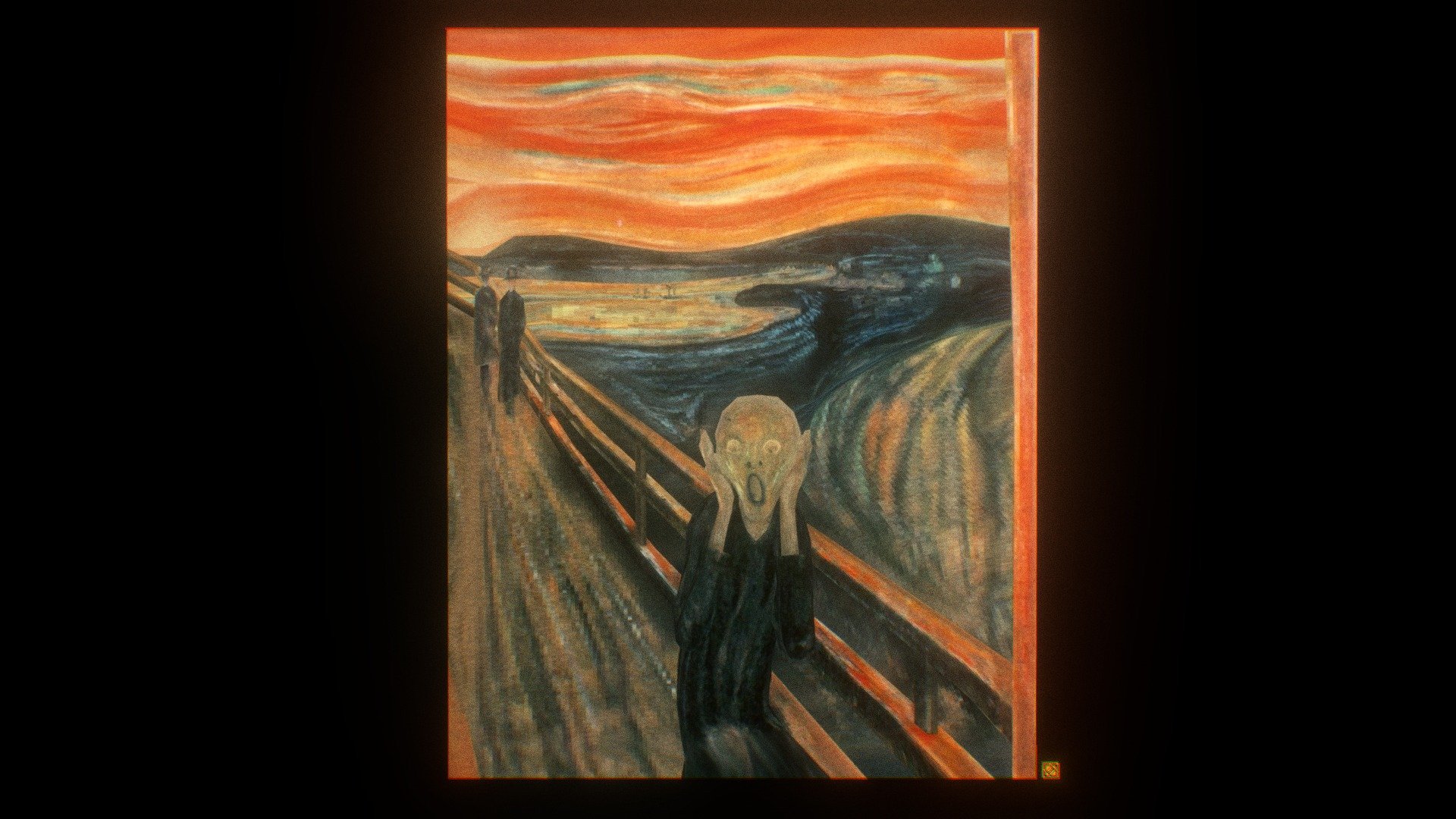 This is a tribute to the Norwegian Expressionist artist Edvard Munch (1863-1944), and his iconic modern art, the Scream (1893). 

Note that the animation is inspired by what Munch wrote in his diary on January 22nd, 1892:

&ldquo;I was walking along the road with two friends – the sun was setting – suddenly the sky turned blood red – I paused, feeling exhausted, and leaned on the fence – there was blood and tongues of fire above the blue-black fjord and the city – my friends walked on, and I stood there trembling with anxiety – and I sensed an infinite scream passing through nature.