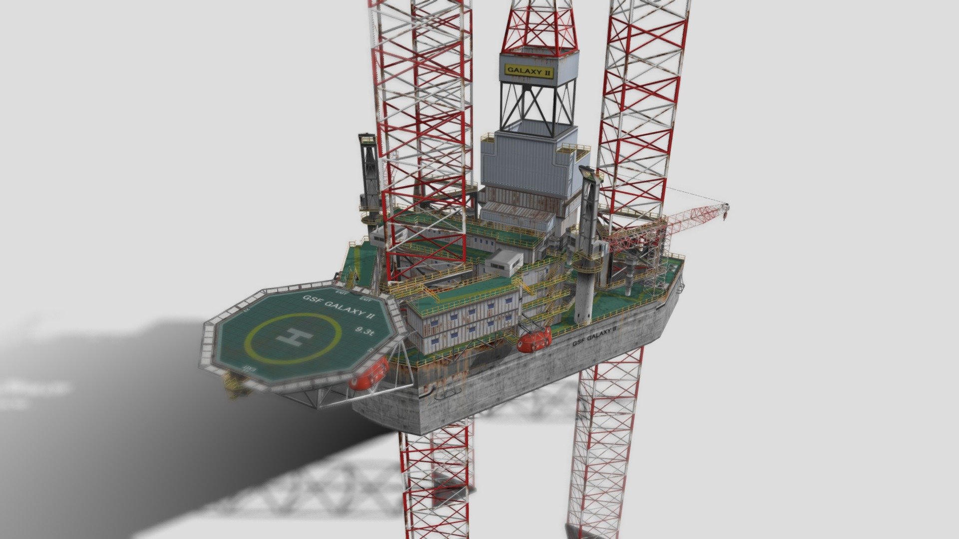 ASG-ISR

Jackup Drilling Rig.
Oil Platform.
Galaxy II 

Synthetic Environment Entity for use in Simulation and Training for Intelligence, Surveillance and Reconnaissance (ISR). 
Leg depth and drilling derek position could be reconfigured, cranes can be animated. 

Low poly model.
Accuratly modelled off plan and using photo reference.
Can be used for flight simulation as land on Helideck
1 LOD.
1 UV texture map 1024x2048.
Low poly acheived through use of alpha for legs, crane jibs, safety barriers.
no animation.
no materials.

13165 triangles
http://www.asg-isr.com - Jackup Drilling Rig "Galaxy II" Low Poly - 3D model by ASG-ISR 3d model