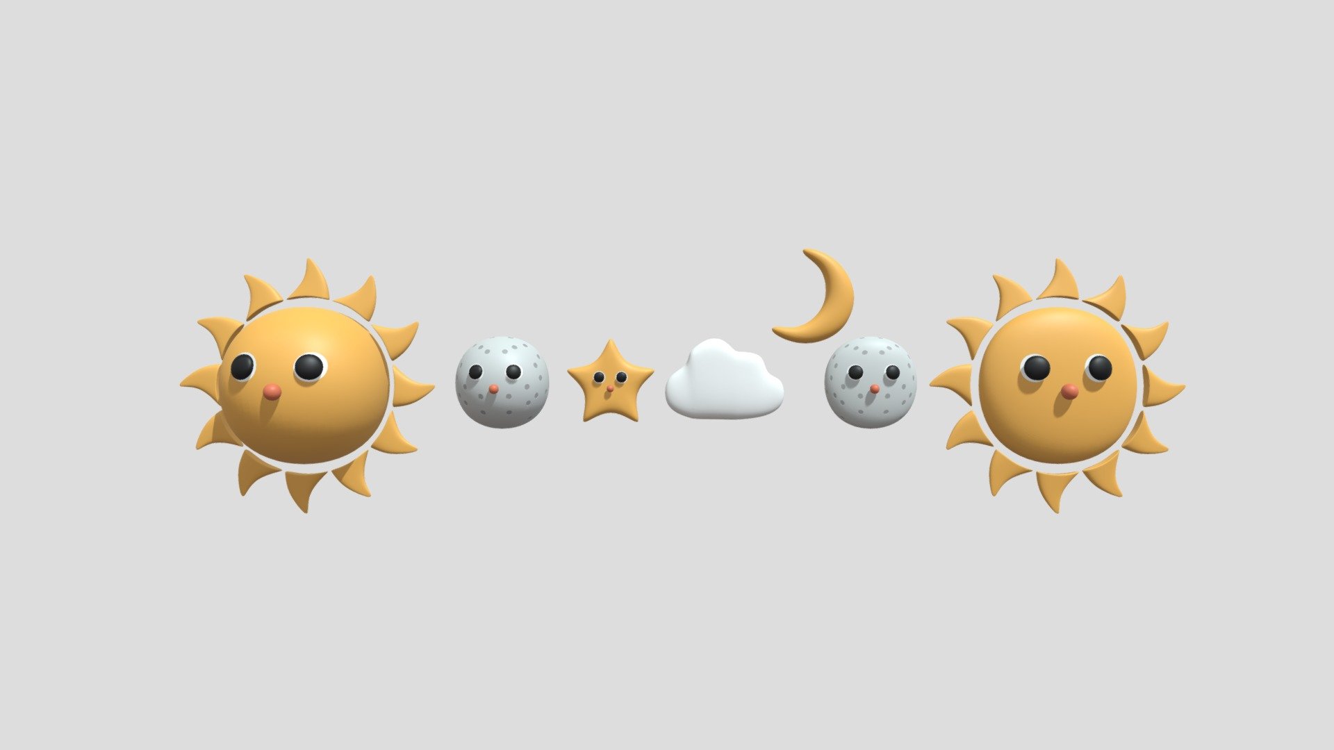 -Cartoon Sun Moon Star and Cloud.

-Vert: 62,768 poly: 58,348.

-This product contains 51 objects.

-Materials and objects have the correct names.

-This product was created in Blender 2.935.

-Formats: blend, fbx, obj, c4d, dae, abc, stl, glb,unity.

-We hope you enjoy this model.

-Thank you 3d model
