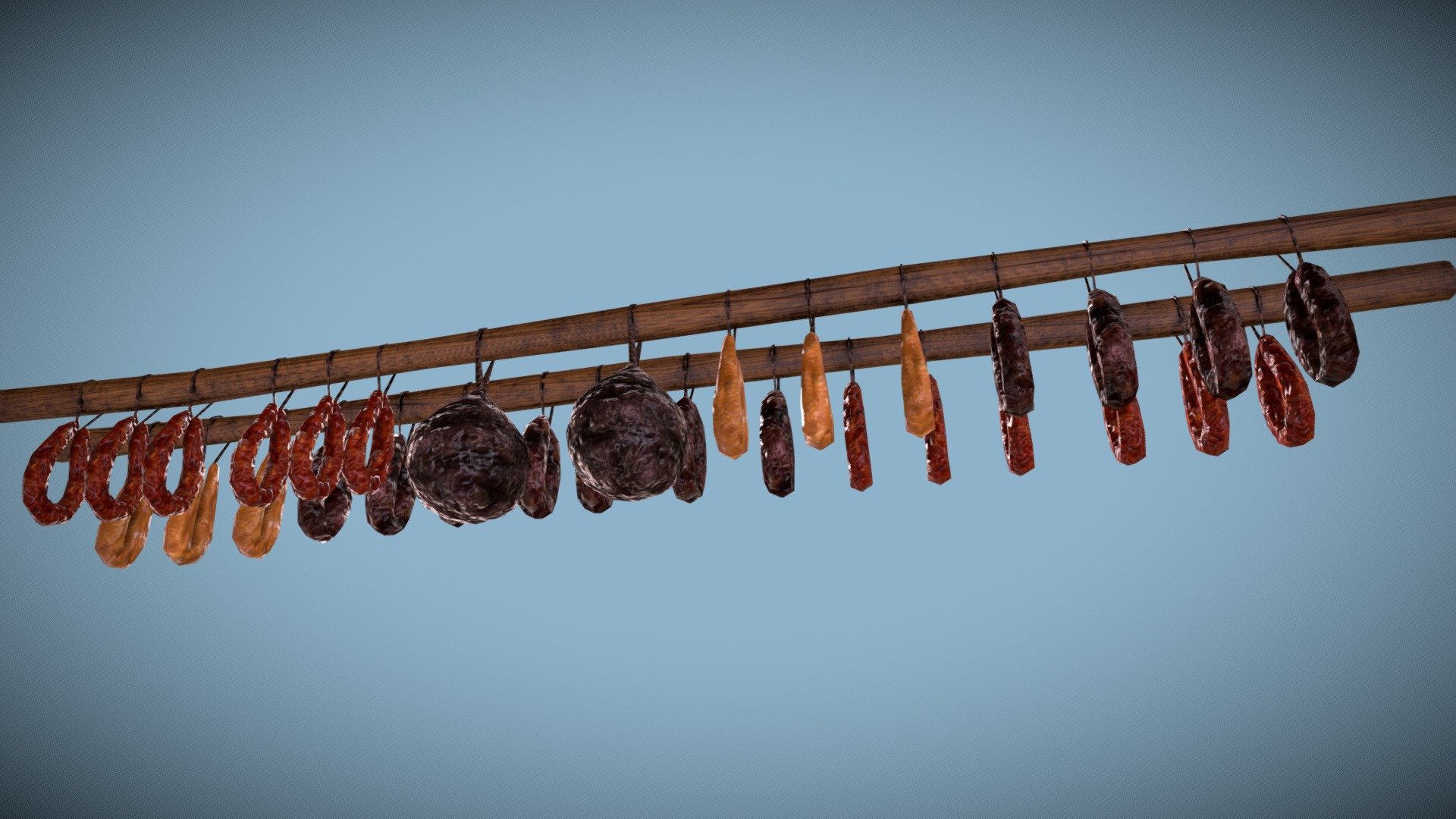 These chorizos are in the smokehouse, in the chimney. Realistic models with few polygons. Textures in PBR size 2048. In additional download more FPX OBJ DAE formats 3d model