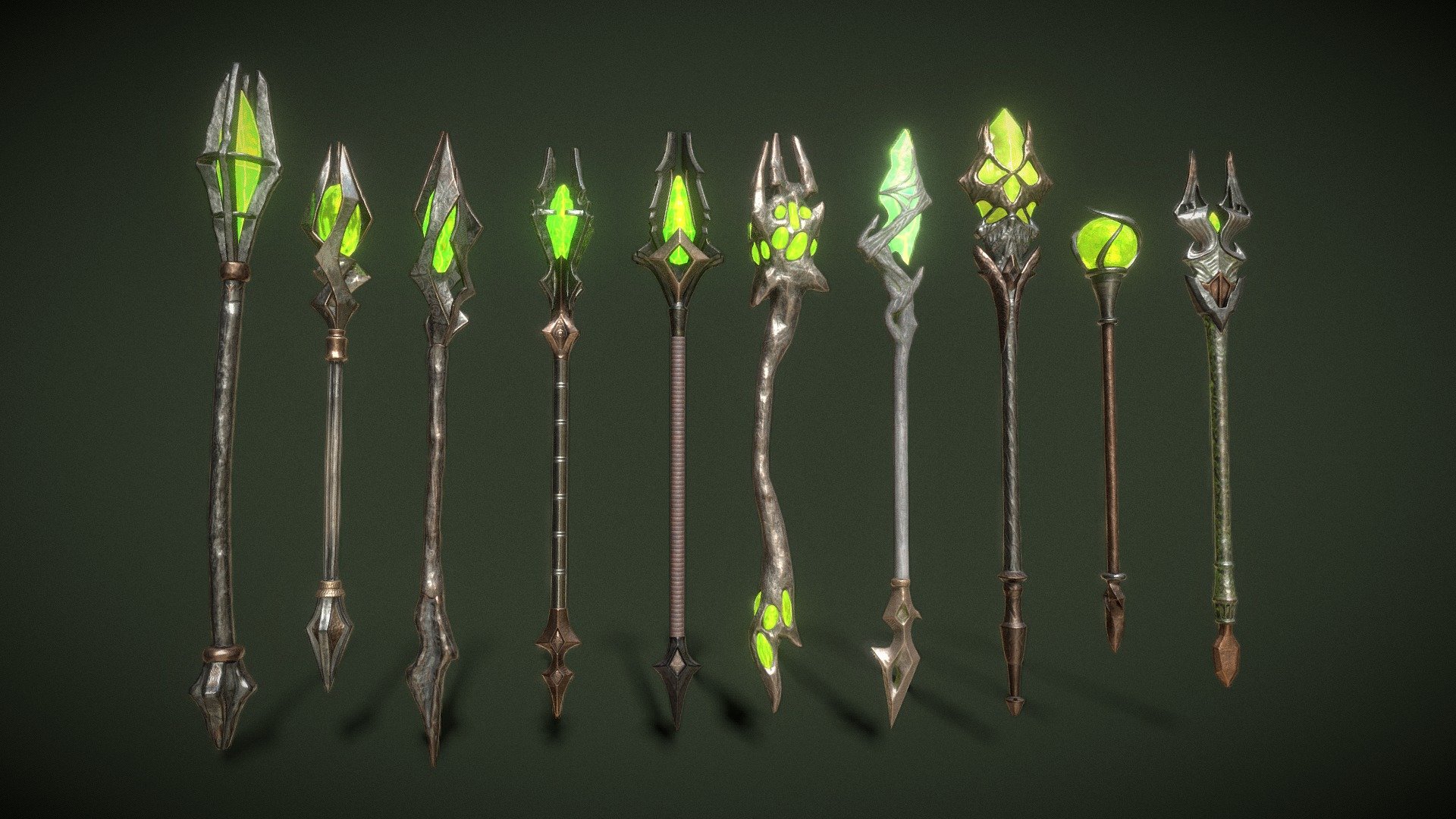 A set of quality staff models. Consists of 10 original objects. Each staff has a PBR texture with a resolution of 2048x2048.

Total polygons (triangles) 27564 

staff01 - 2220 

staff02 - 1924 

staff03 - 1724 

staff04 - 4304 

staff05 - 3376 

staff06 - 2652 

staff07 - 2284 

staff08 - 3776 

staff09 - 1856 

staff10 - 3448

The archive contains additional materials: FBX, OBJ, Blend files. 2k textures - PNG, JPG and PNG (Unity Metallic Smoothness) - Fantasy Staffs Pack02 - 3D model by zilbeerman 3d model