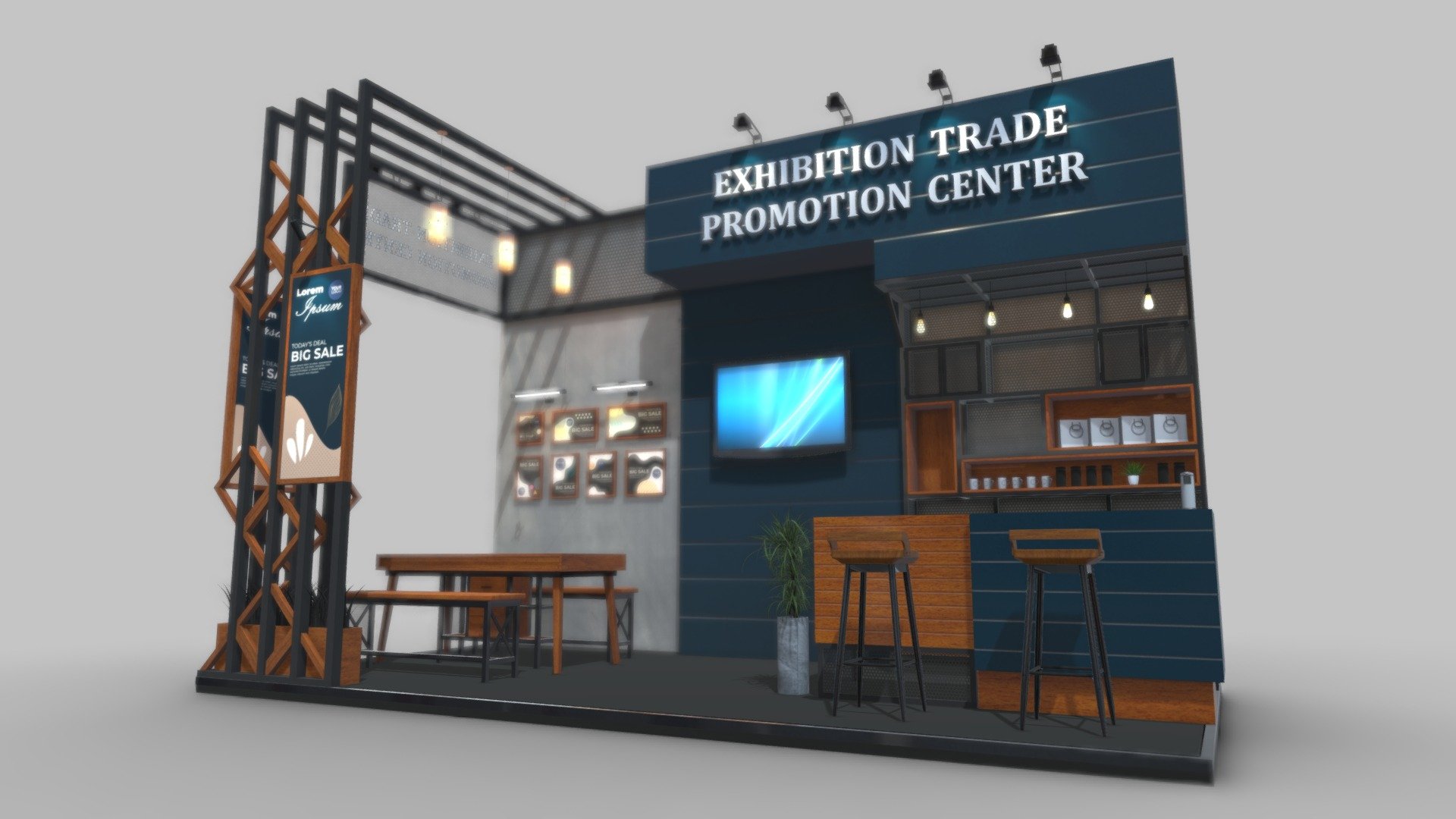 this is an Exhibition stand design

Built with Autodesk 3Ds max 2018 software - V ray 3.60.03 Renderer

Additional File:
1. Autodesk 3Ds max 2018 - V ray 3.60.03 Renderer
2. Autodesk 3Ds max 2018 - Default Scanline Renderer
3. OBJ standart map texture
4. OBJ V ray complete map texture
5. FBX

Full Render Preview:
https://www.behance.net/gallery/101718635/DOWNLOAD-EXHIBITOIN-STAND-DESIGN-KMN - EXHIBITION STAND KMN 6x3m - Buy Royalty Free 3D model by fasih.lisan 3d model