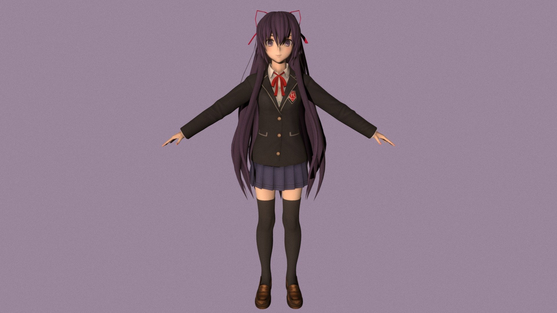 T-pose rigged model of anime girl Tohka Yatogami (Date A Live).

Body and clothings are rigged and skinned by 3ds Max CAT system.

Eye direction and facial animation controlled by Morpher modifier / Shape Keys / Blendshape.

This product include .FBX (ver. 7200) and .MAX (ver. 2010) files.

3ds Max version is turbosmoothed to give a high quality render (as you can see here).

Original main body mesh have ~7.000 polys.

This 3D model may need some tweaking to adapt the rig system to games engine and other platforms.

I support convert model to various file formats (the rig data will be lost in this process): 3DS; AI; ASE; DAE; DWF; DWG; DXF; FLT; HTR; IGS; M3G; MQO; OBJ; SAT; STL; W3D; WRL; X.

You can buy all of my models in one pack to save cost: https://sketchfab.com/3d-models/all-of-my-anime-girls-c5a56156994e4193b9e8fa21a3b8360b

And I can make commission models.

If you have any questions, please leave a comment or contact me via my email 3d.eden.project@gmail.com 3d model