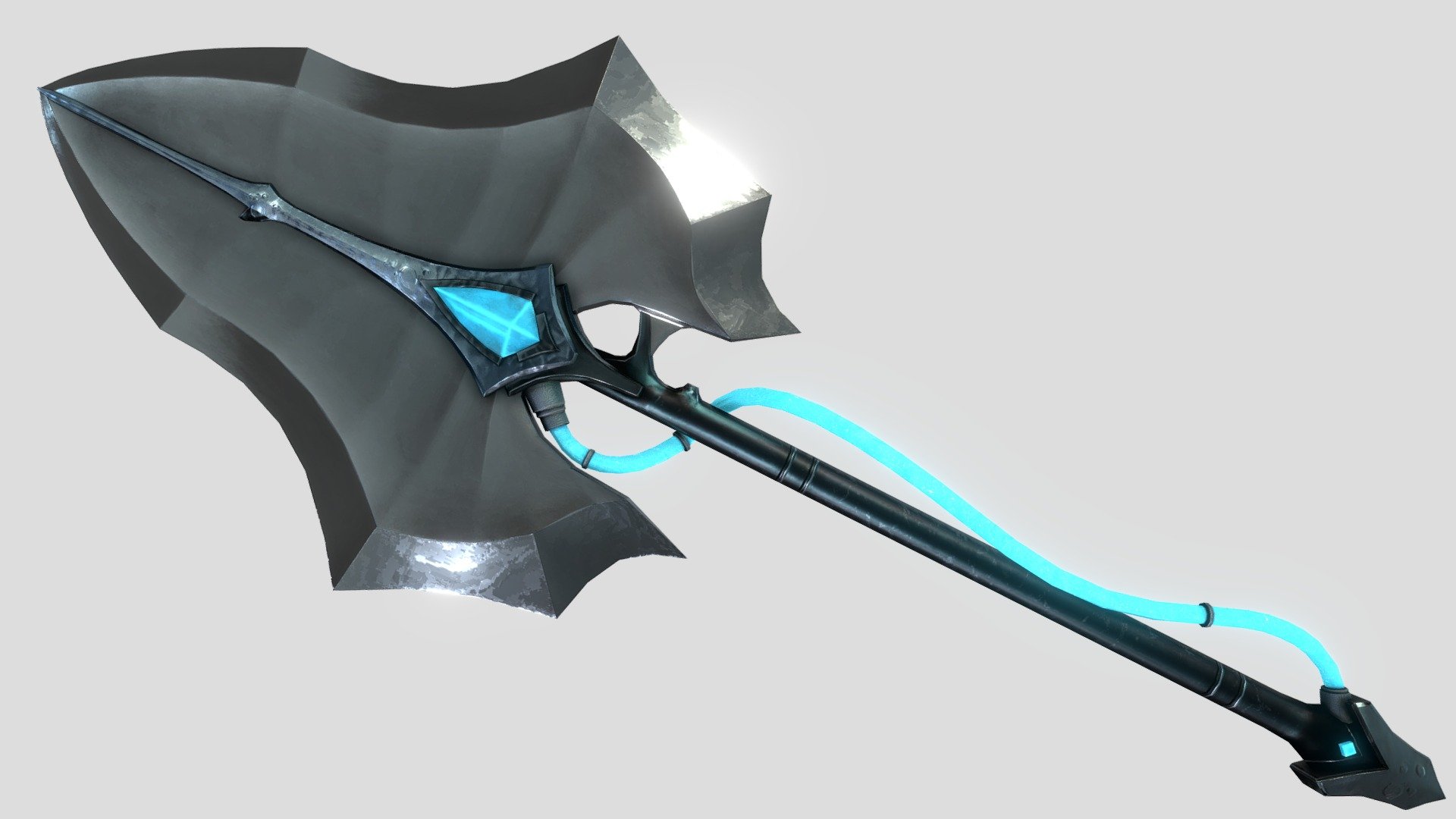 Check my profile for more of the same and follow me to see my future models, if you have any questions comment below or dm me.

About the model: This a double-edged, two-handed fantasy axe, it has a large blue crystal on the middle of its blades which is connected by a tube to the small crystal on the tip of the handle, this small scructure on the tip of the handle is intended to be used as a point of recharge of the weapon.

Topology: 100% tris

Performance: It performs very well in-game, it's a good looking lowpoly, the textures can be down-scaled from their original 4k resolution to 1k and it will still have great quality.

Textures: 4k textures of: Color, Normal, Metallic, Roughness, Ambient occlussion, Curvature, Thickness, Position, Emissive, Height.

UV: Unwraped and organized.

Formats Included: FBX, OBJ, GLB, PLY, STL, USDC, X3D, DAE, ABC, BLEND 3d model