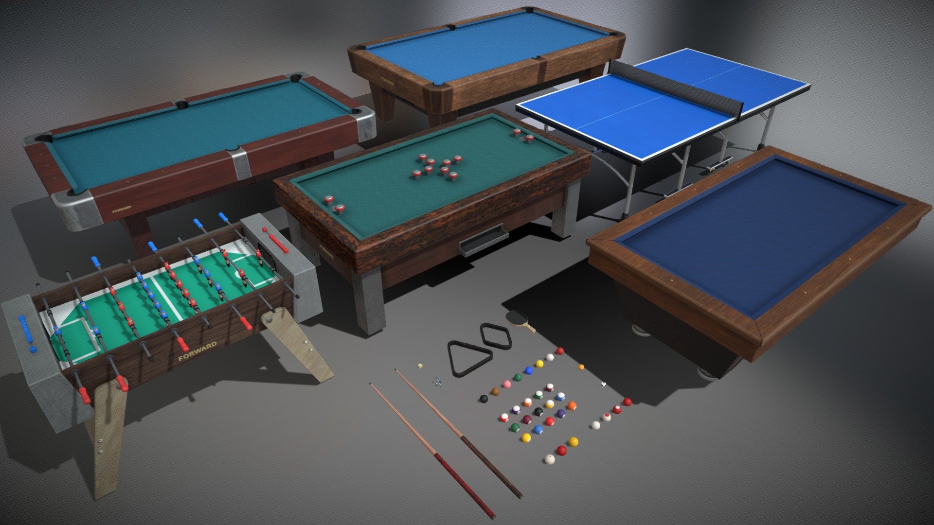 Mid-High poly game-ready models of table sports with PBR textures. I paid close attention to what dimensions all tables and corresponding balls should have and they're all in the ballpark :^) . 

Currently includes the following table sports: Billiards, Pool, Snooker, Bumperpool, Foosball, Tennis. All balls and props for these are also included (all models are named so no splitting hairs on finding out which ball belongs to which game. You'll need to duplicate the red snooker balls and full red and full white bumper pool balls though).

The tennis table is completely foldable.

May be revising and adding more stuff in the future to improve quality of the models, textures and pack. Be sure to shout out more table sports that I've missed, I'd love to hear of more games I haven't heard of before! - Table Sports pack (snooker, pool, foosball, etc) - Buy Royalty Free 3D model by Feroxxy 3d model