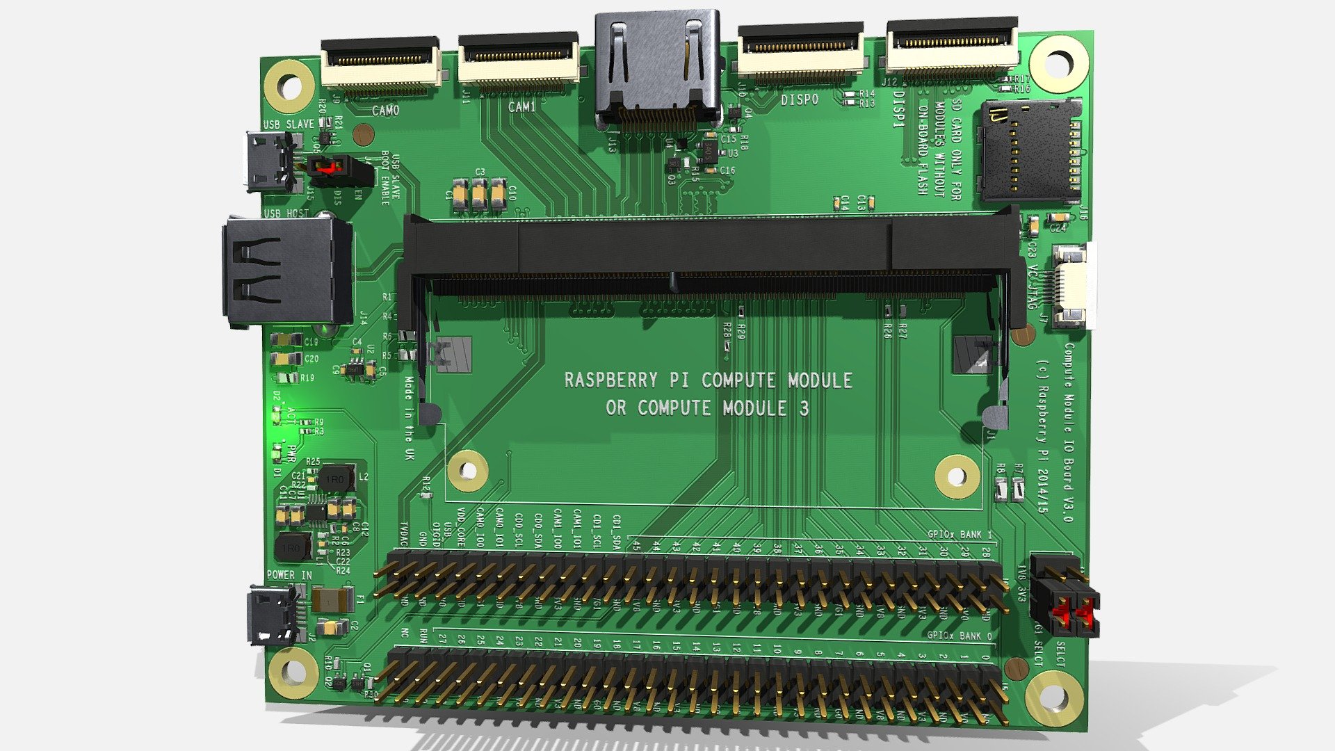 HIGH POLY 3D Model of the  RaspBerry Compute Module IO Board V3. 
Description is visible here : 
https://www.raspberrypi.org/products/compute-module-io-board-v3/

Model designed from the OrCAD/Allegro file availble in the web site and with blender tools v2.79 :
https://www.raspberrypi.org/documentation/hardware/computemodule/designfiles.md

All components can be modified (translate, delete,…).

Don't hesitate to comment somes hardware references that you want to see in sketchfab 3d model