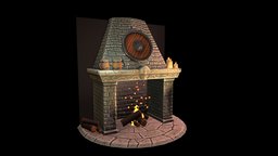 Medieval Tavern Fireplace Stylized Lowpoly Asset bar, drink, fireplace, food, rpg, cute, cafe, pub, prop, medieval, mug, vr, ar, beer, pint, fire, logo, old, casual, chimney, hearth, cartoon, asset, game, pbr, lowpoly, low, poly, stone, wood, stylized, fantasy, shield