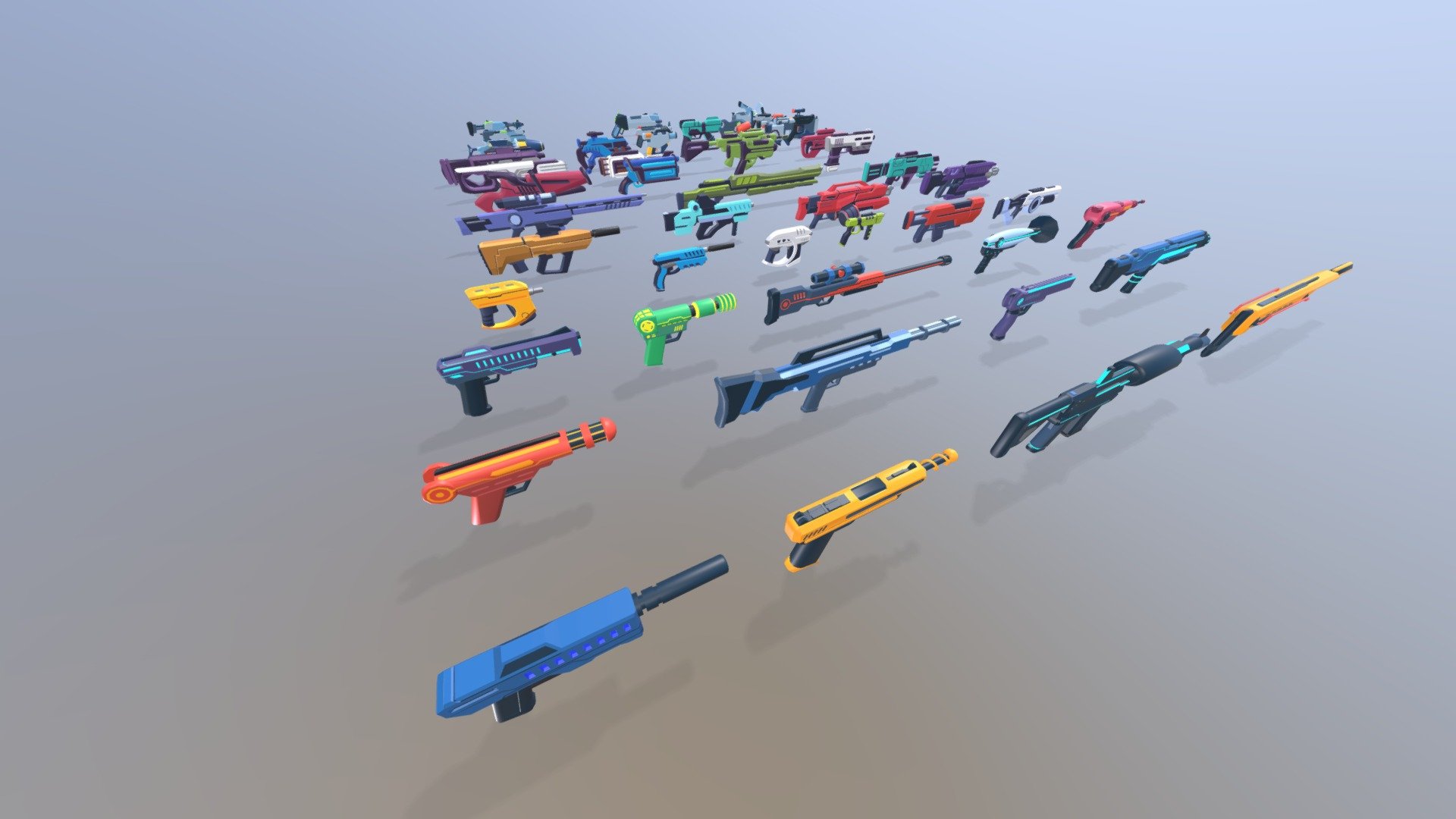 Toon Sci-Fi Guns Bundle Package is a combination of 4 packages and includes 47 different and creative models of Sci -Fi Guns is cartoon style.

Toon Sci-Fi Guns 01 Vertices:
Gun 01: 1000
Gun 02: 1019
Gun 03: 835
Gun 04: 876
Gun 05: 1006
Gun 06: 751
Gun 07: 1086
Gun 08: 687
Gun 09: 1283
Gun 010: 919
Gun 011: 1085
Gun 012: 626
Average Polygon is 753

Toon Sci-Fi Guns 02 Vertices:
Gun 01: 626
Gun 02: 448
Gun 03: 554
Gun 04: 404
Gun 05: 388
Gun 06: 803
Gun 07: 556
Gun 08: 487
Gun 09: 671
Gun 10: 662
Average Polygon is 560

Toon Sci-Fi Guns 03 Vertices:
Gun 01: 951
Gun 02: 523
Gun 03: 682
Gun 04: 754
Gun 05: 684
Gun 06: 568
Gun 07: 969
Gun 08: 556
Gun 09: 1081
Gun 10: 1043
Gun 11: 1002
Gun 12: 606
Average Polygon is 667

Toon Sci-Fi Guns 04 Vertices:
Gun 01: 662
Gun 02: 1026
Gun 03: 759
Gun 04: 800
Gun 05: 1228
Gun 06: 619
Gun 07: 1113
Gun 08: 1103
Gun 09: 1058
Gun 10: 827
Gun 11: 1459
Gun 12: 1227
Gun 13: 1433
Average Polygon is 1002 - Toon Sci Fi Guns Bundle - Buy Royalty Free 3D model by okaro.ir 3d model