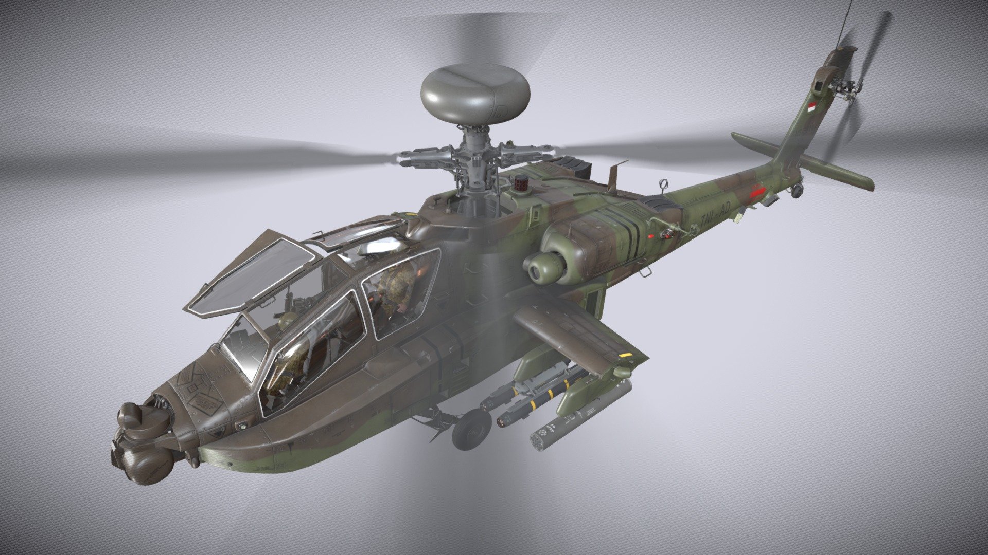 Helicopter Apache AH-64E Guardian Indonesia  Complex Animation


Static and Basic Animation versions are available as seperate models (see my profile models)


File formats: 3ds Max 2021, FBX, Unity 2021.3.5f1


This model contains 46 Animations (See dropdown list below the time line)


Weapon:


* - External Fuel Tank 

* - Launcher M-260 with Hydra 70 missiles 

* - Launcher M-261 with Hydra 70 missiles 

* - Hellfire launcher and missiles 

* - M230 chain gun 

* - AIM-9L Missile 


This model contains PNG textures(4096x4096):


-Base Color

-Metallness

-Roughness


-Diffuse

-Glossiness

-Specular


-Emission

-Normal

-Ambient Occlusion
 - Apache AH-64E Guardian Indonesia Complex - Buy Royalty Free 3D model by pukamakara 3d model