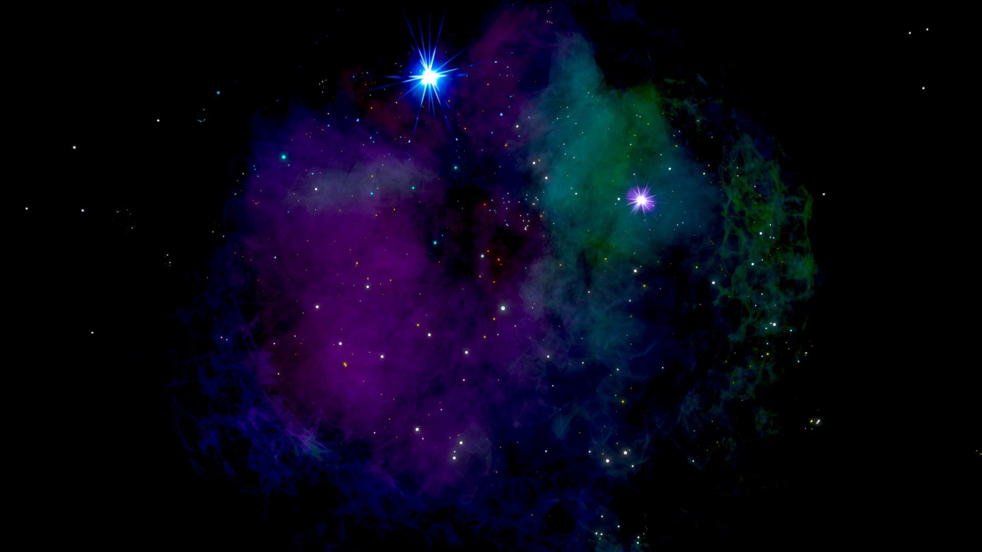A video of this model can be found here 

The birth of a star is a complex process which takes place in molecular clouds of the interstellar medium. The  clouds (or diffuse nebulae) consist in a mixture of dust, hydrogen, helium and other ionized gases. The interstellar material is enriched by heavy elements previously forged in the interior of stars and ejected at the end of their lives in the form of dense winds and supernova explosions. Dense regions within the clouds collapse and form new stars. For this reason, these spectacular nebulae are often referred as stellar nurseries or star-forming regions.  The model is an artist's view of one of these stellar nurseries 3d model