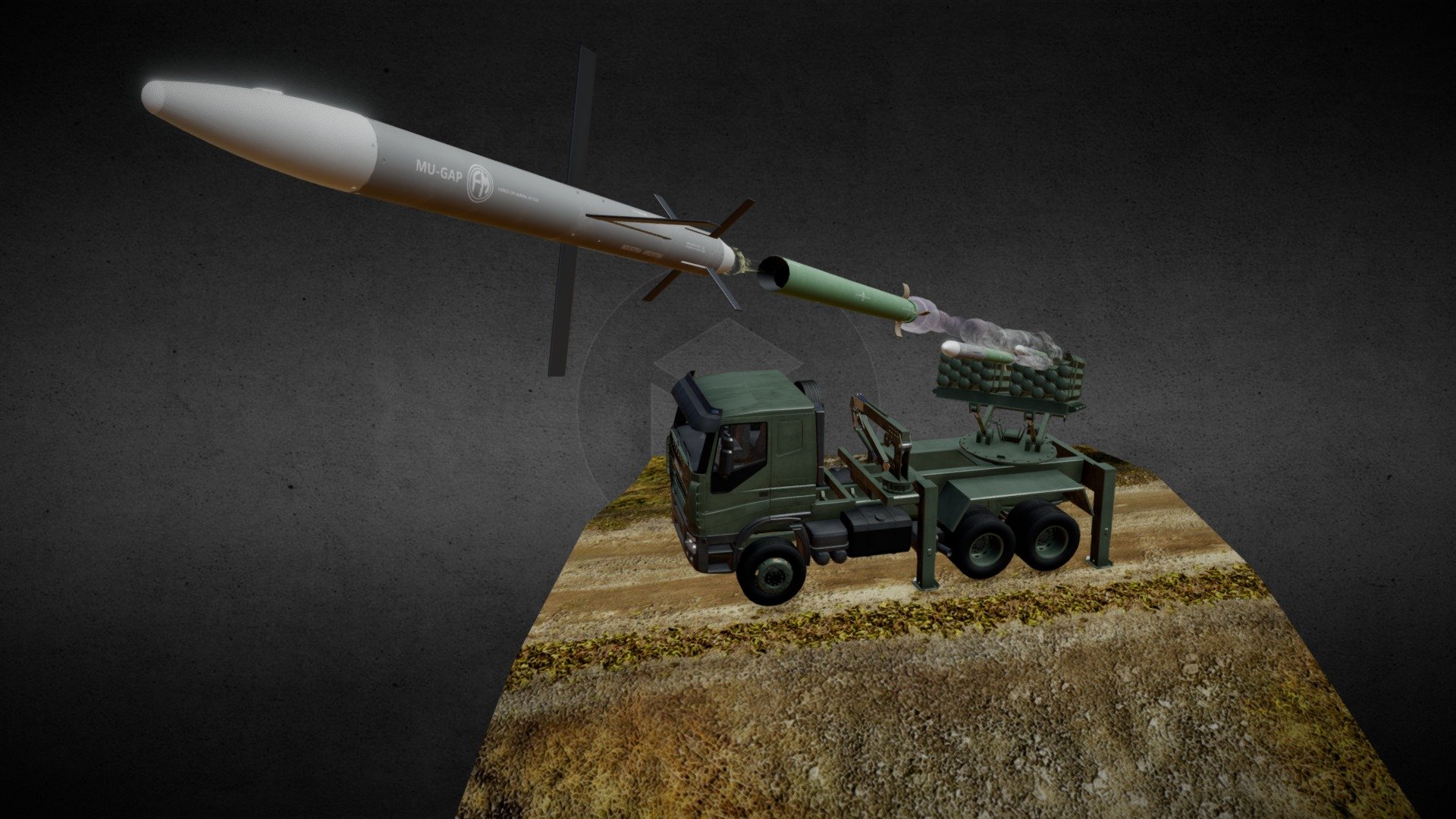 Artistic representation of the MUGAP (Municion Guiada Argentina de Precision)  a look at what could be the ultimate artillery system in the Argentine Army: 122 mm rockets with 40 km of maximum range now used as vectors of a munition intelligent glider with possibilities of extending this final reach to 70km.
The 3D model was made to illustrate the article of a defence portal (link below): https://www.zona-militar.com/2016/06/14/municion-guiada-argentina-de-precision-mugap/ - MUGAP - Buy Royalty Free 3D model by Rober Digiorge (@roberdigiorge) 3d model