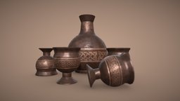 Medieval Bronze Jar and Goblets rpg, bronze, wine, medieval, baloon, jar, brown, goblets, substancepainter, substance, fantasy