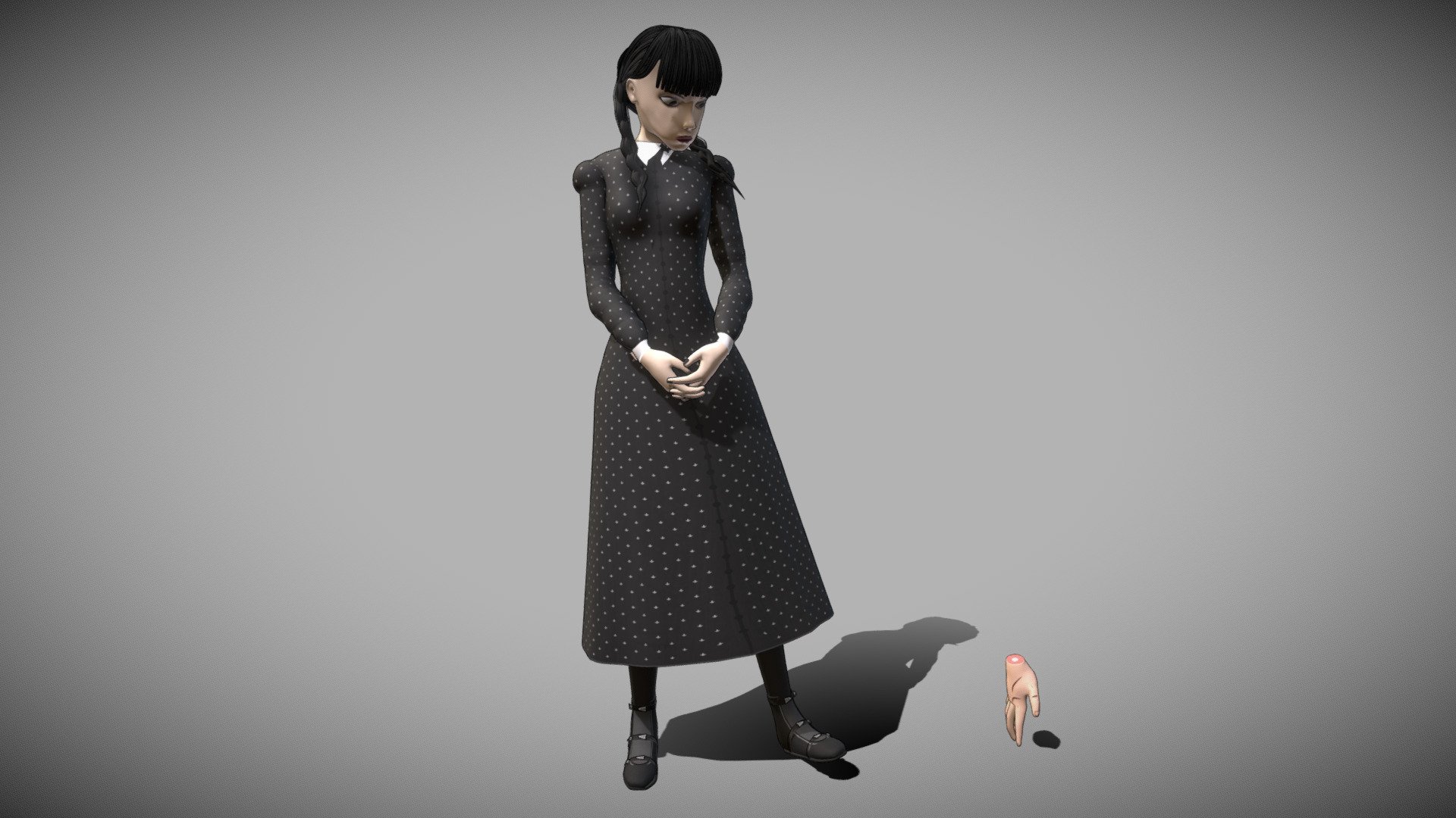 Wednesday Friday Addams is the only daughter of the Addams Family
Toon shader, Rigged.
UV Unwrapped and textured. 
Comes with textures at 4096x4096 resolution. 

The model contains 14 objects, 6 sets of material, and 3 sets of textures. 
Modeled in Blender, painted in Substance Painter. 

Blend file before modifiers has 36.505 Faces, 41.538 Vertices.

Video Preview: https://youtu.be/Awc6ocLEqQo
.
My Gallery: https://edjan3d.wixsite.com/my-site - Wednesday Addams - Buy Royalty Free 3D model by Ed.Jan 3d model