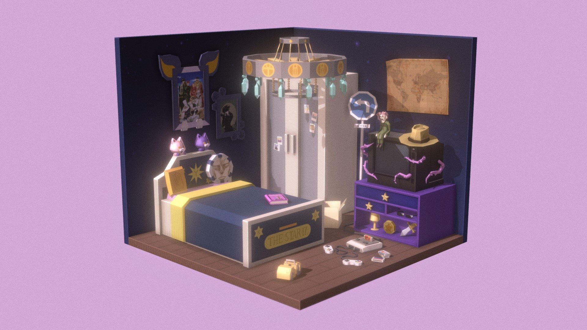 Based on one of the themed rooms in the mobile game Jojo Pitapatapop. I added some of my own personal touches tough. Tried to go for a low poly style. Modeled in Maya and textured in Photoshop.
Still new to 3D modeling, but this was a fun mini project!

Follow me on Instagram: http://instagram.com/wildreamz - Stardust Crusaders Room - 3D model by wildreamz 3d model