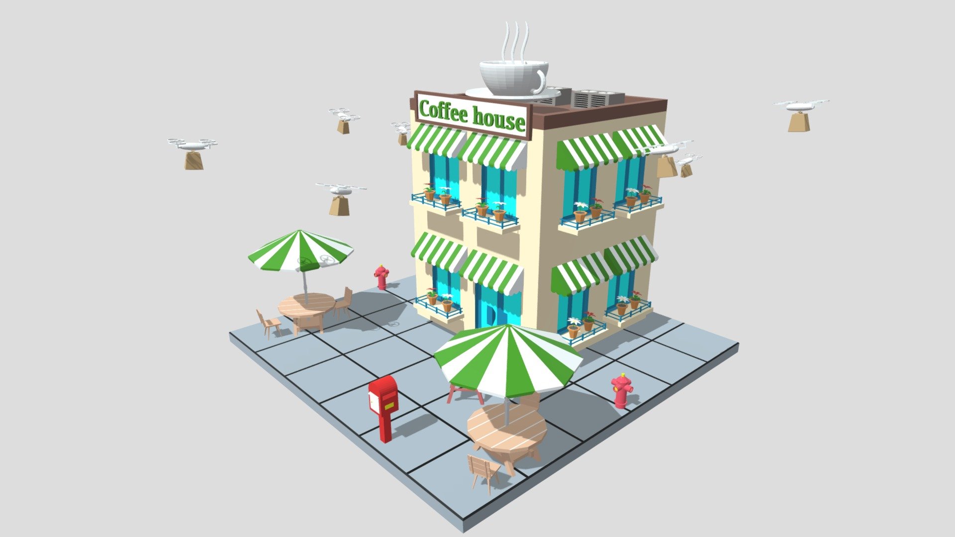 -Cartoon Coffee Shop.

-This product contains 133 models.

-This product was created in Blender 2.8.

-Total vertices: 39,564 Total polygons: 38,598.

-Formats: blend, fbx, obj, c4d, dae, fbx, unity.

-We hope you enjoy this model.

-Thank you 3d model