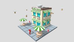Cartoon Coffee Shop cafe, coffee, exterior, architectural, table, public, town, parasol, coffeeshop, architecture, cartoon, lowpoly, chair, house, building, street, shop