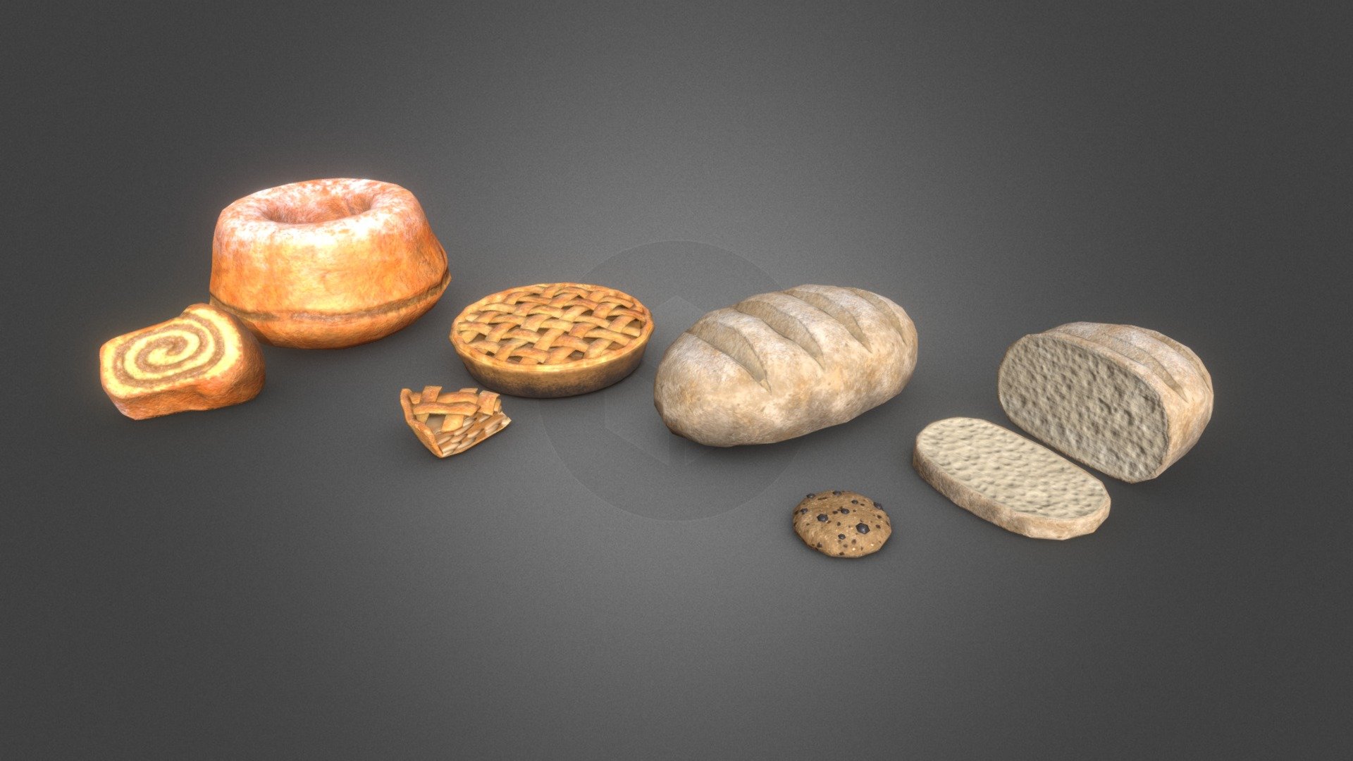 Low poly PBR 8 piece set of baked goods.

Features:




Including bread with whole loaf, half loaf and slice variant,

Including Cookie,

Including Pie with whole and piece variant,

Including traditional Potica with whole and piece variant,

Great for renders as well as game assets

For support or other information please send us an e-mail at info@sunbox.games

Check out our other work at sunbox.games - Baked Goods - Bread Cookie Pie Potica - Buy Royalty Free 3D model by Sunbox Games (@sunboxgames) 3d model