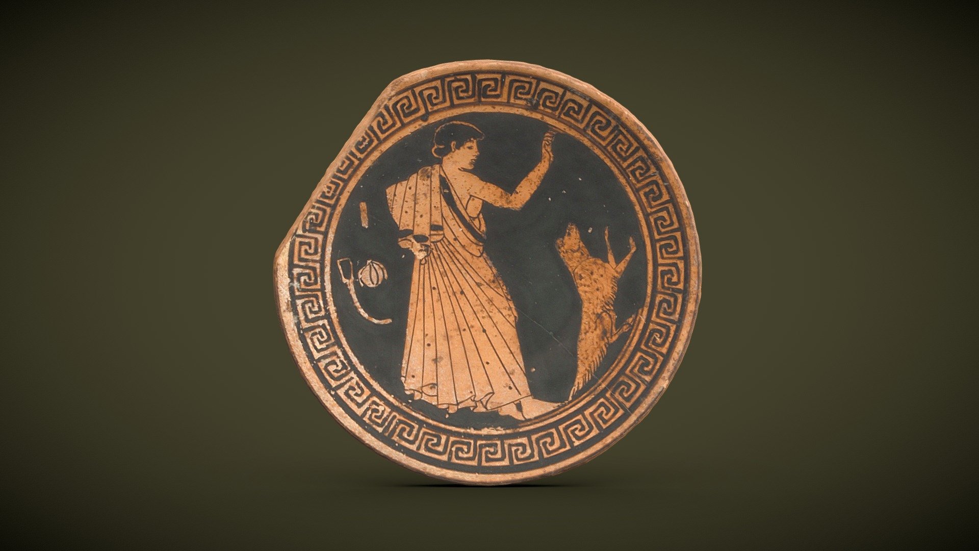 Attic cup tondo. Flat interior circle of the base of the cup

480 BC
Athens, Greece
Painter of Brygos
Ceramic
Inv.R 350

This boy is playing with his dog. This is a common scene in Ancient Greece, many children had a pet.

Tondo de coupe attique

480 av. J.-C.
Athènes
Peintre de Brygos
Ceramique
Inv.R 350

Ce garçon jouant avec son chien constitue un spectacle courant, beaucoup d'enfants ayant un animal familier 3d model