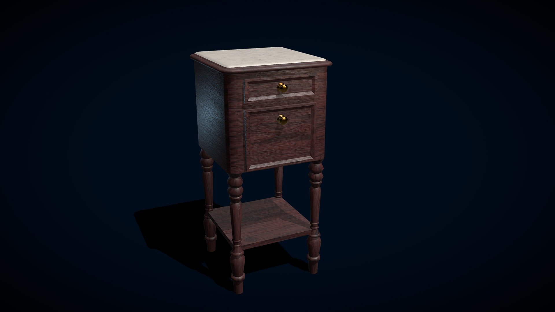 A dark wooden cabinet. Can be used for example in a bedroom or living room scene, or in a video game.

Drawers are rigged and can be opened. The model includes textures, all of which are 2k resolution and CC0 licenced, meaning you can use them anywhere, for any purpose. The model is UV mapped as a non-overlapping version to be used in texture painting for example, and also a tiled, overlapping version, seen on the preview images. It also has basic PBR materials for Blender Cycles rendering engine.

The textures and rigged and .blend version are located in the additional file included in the downlos

The models is made up from quads and triangles only. The model is low poly and ready for game implementation.

Vertex count is 1208 and poly count is 1201 3d model