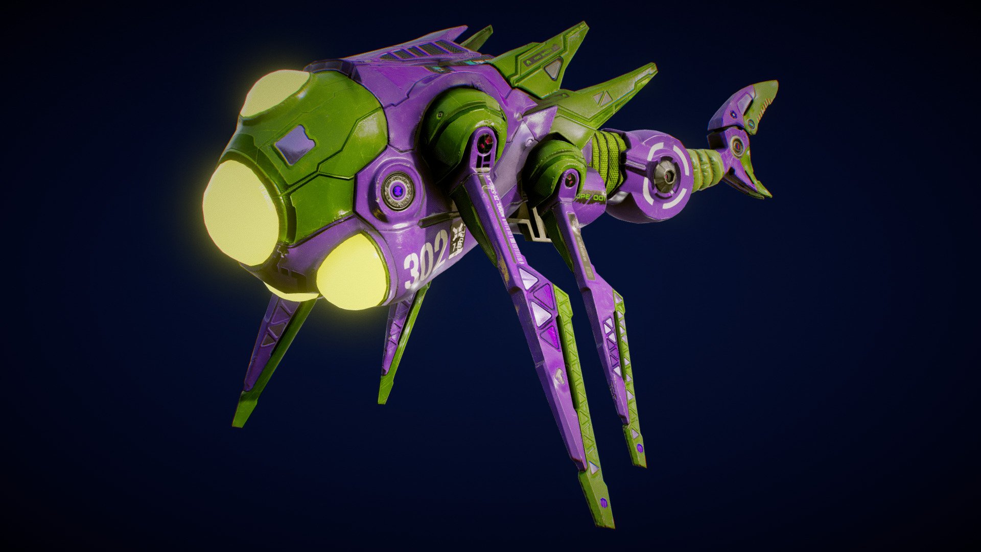An orignal Game Character/Vehicle (I really don't know if this thing is alive or you pilot it) desgin 
This cholor scheme is inspired by the EVA unit 01 from NGE

A single PBR Material of 4096x4096px using:
* Color map
* Metalness map
* Roughness map 
* a DirectX Normal map
* AO map 
* Emission map

Includes an idling animation to preview the rig 3d model