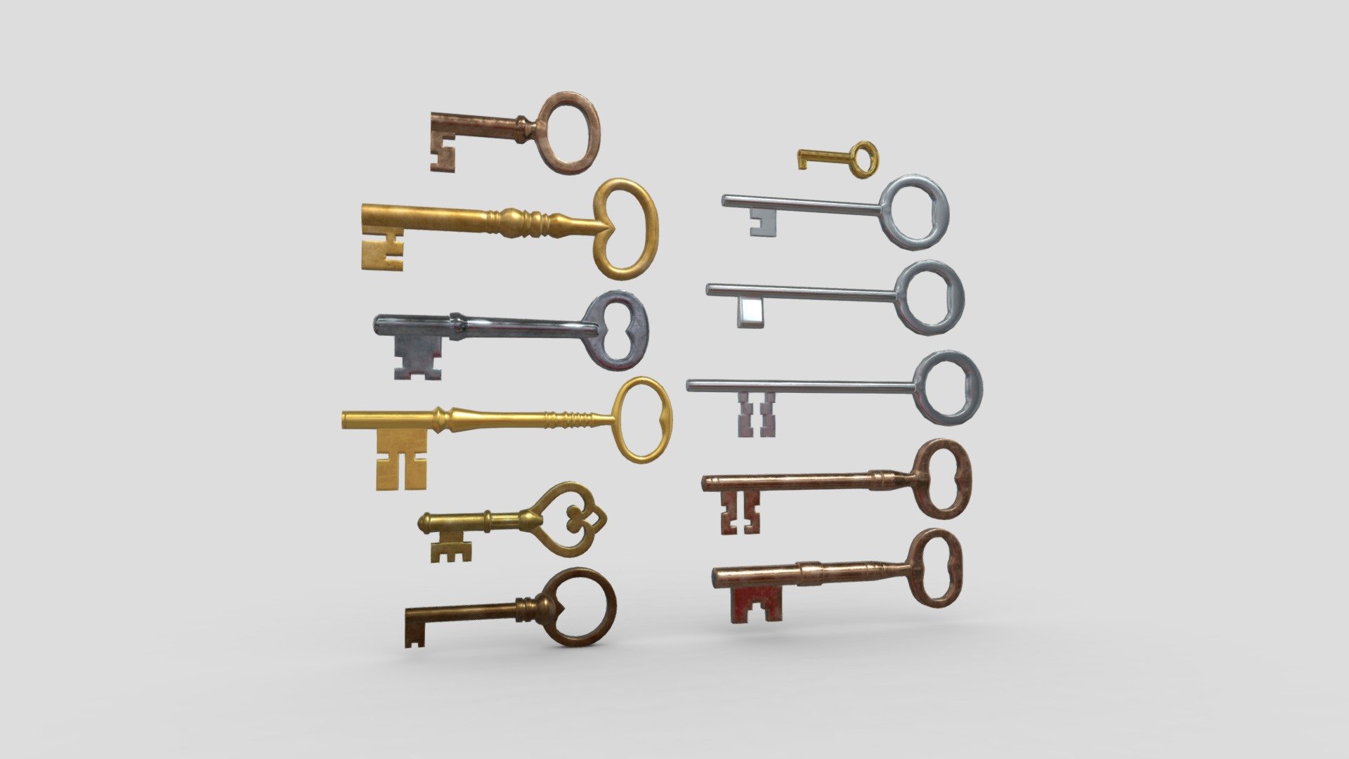 ‘All the keys all that treasures - be sure to try everyone of them!’

● 2048 x 2048 PBR textures

● normal map is baked from the high poly model.

If you need help with this model or have a question – please do not hesitate to contact me. I will be happy to help you.

Contact: plaggy.net@gmail.com

Formats: .fbx, .dae, .max, .obj, .mtl, .png Polygon: 4795 Vertices: 4930 Textures: Yes, PBR (ao, albedo, metal, normal, rough) Materials: Yes UV Mapped: Yes Unwrapped UVs: Yes (non overlapping) - Key Pack - Buy Royalty Free 3D model by plaggy 3d model