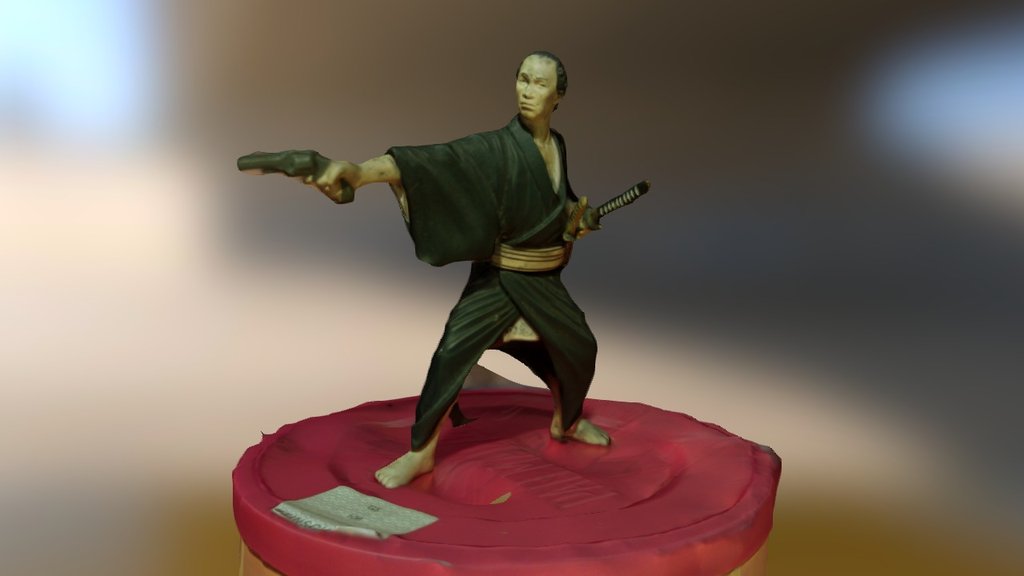 Samurai pointing a pistol and holding his swords 3d model