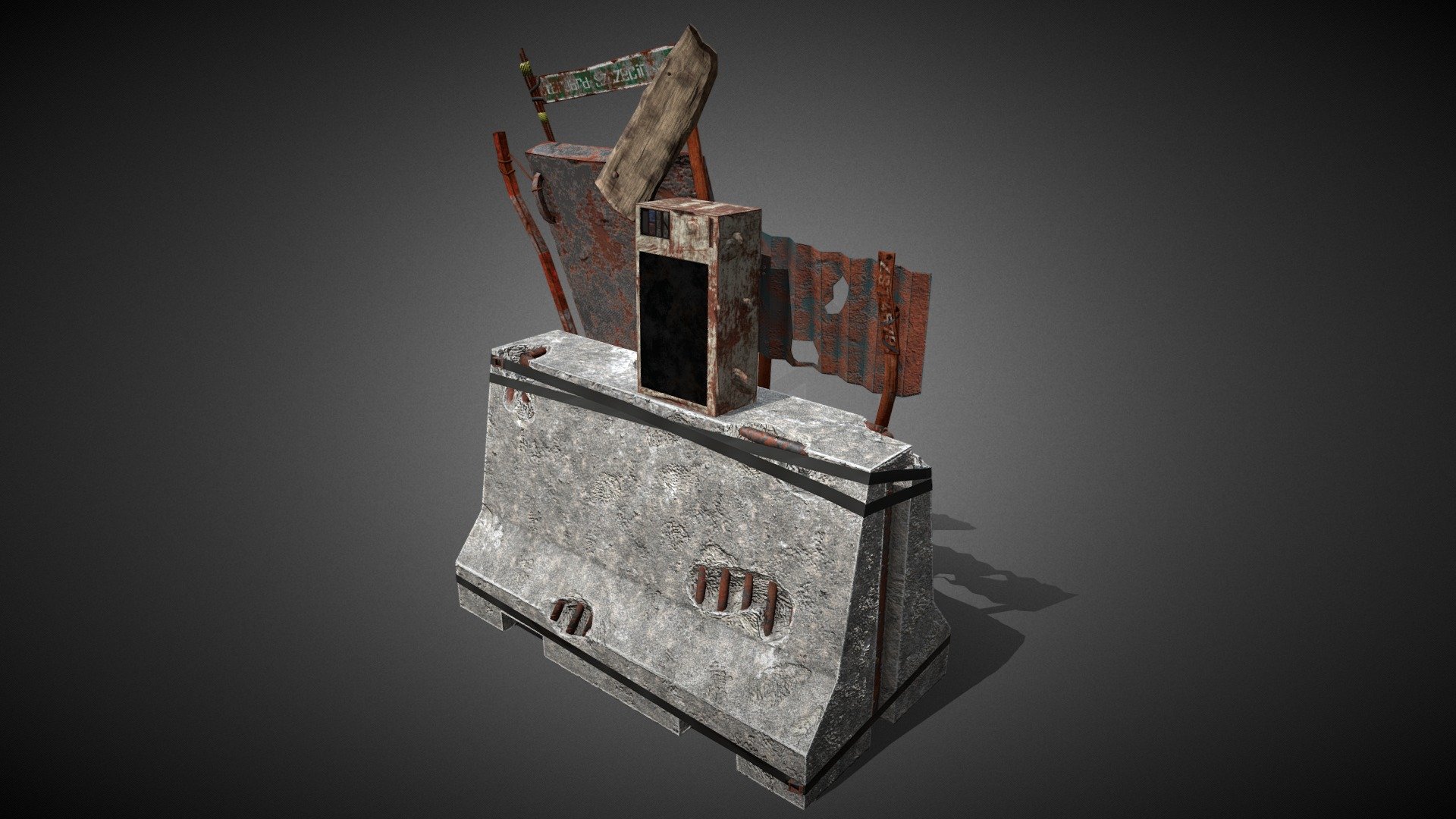 Makeshift Barricade in the postapo world. The barricade is to serve as a cover where the only gap is the area next to the corrugated sheet. The barricade was created on the basis of Konrad Czernik's concept from techland. It was created in a blender, sculpted in zbrush and textured in substance painter. Rate and let me know how you like it and what you do not like 3d model