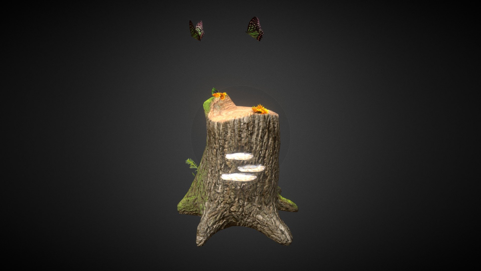 Forest stump thats now the best butterfly hangout around! 

Base mesh is the Tree Stump from Mudbox, with the diffuse, Albedo, and NM layers done in Mudbox.

All other elements maps and animations created using 3Ds Max and Photoshop 3d model