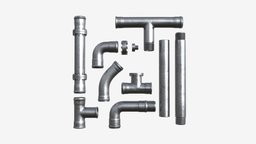 Metal Pipes with Fittings Set pipe, fitting, set, tube, industry, equipment, metal, water, pipeline, connection, repair, plumbing, 3d, pbr, engineering, construction, industrial