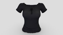 Female Ruffled Neck Black Blouse short, neck, cute, fashion, girls, top, clothes, summer, sleeves, casual, womens, wear, shoulders, blouse, puffy, pbr, female, black, ruffled
