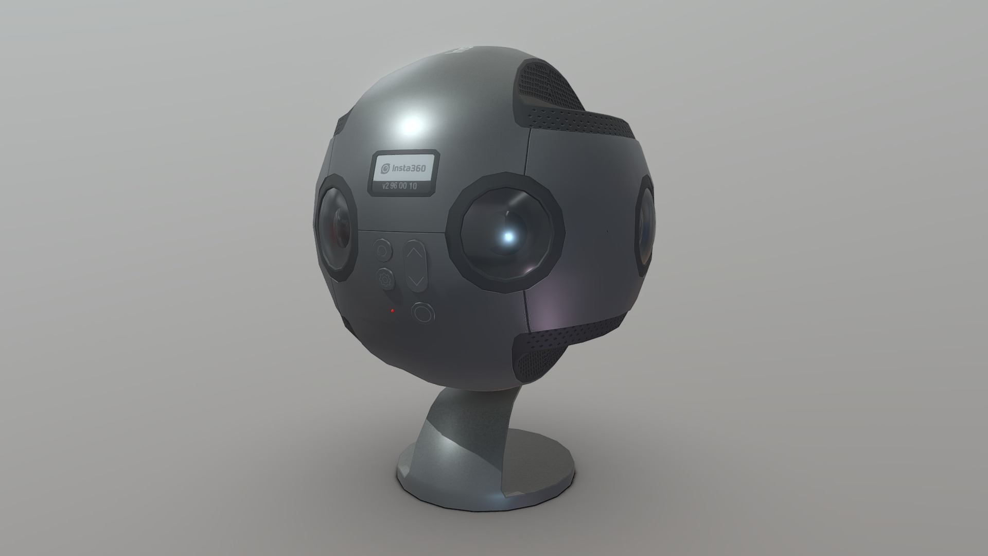 Insta 360 created with 3DsMax, texturing and rendering with 3D-Coat. Mesh with 5100 tris and 6 textures: albedo, normal map, metalness, roughness, emissive &amp; alpha map.
Camera modeled for the company Speedernet to be used in the software Sphere 3d model