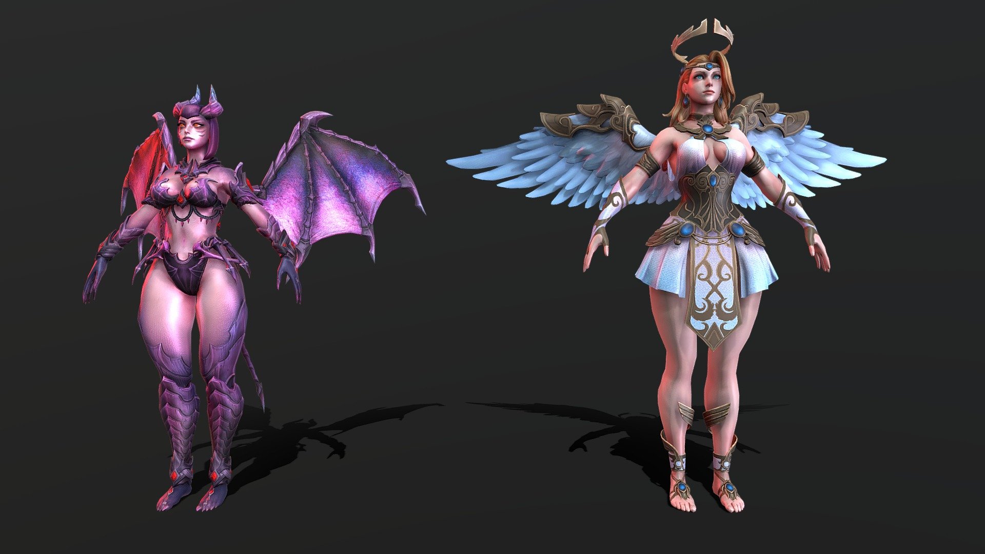 I always dreamt of the day I could make a pair of Angels and Demons.

These lovely ladies are based off the game SMITE.. seems to be a WOW clone. Much better looking tho (in-game) and free to play.

I kept em almost identical to the originals in this case, only making some subtle improvements. Higher Res, added Norms, proportional peacocking to generate &ldquo;thirst