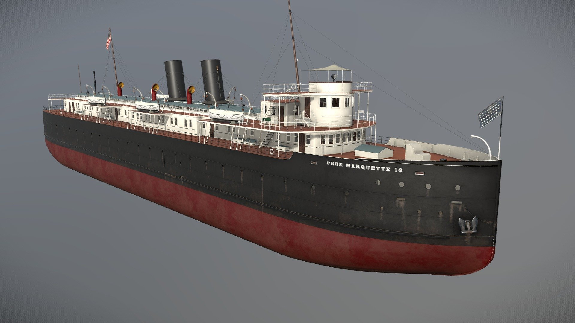 SS Pere Marquette 18 was a steel-hulled Great Lakes train ferry that served on Lake Michigan (primarily between the four ports of Ludington, Michigan and Kewaunee, Manitowoc and Milwaukee, Wisconsin) from her construction in 1902 to her sinking in 1910 3d model