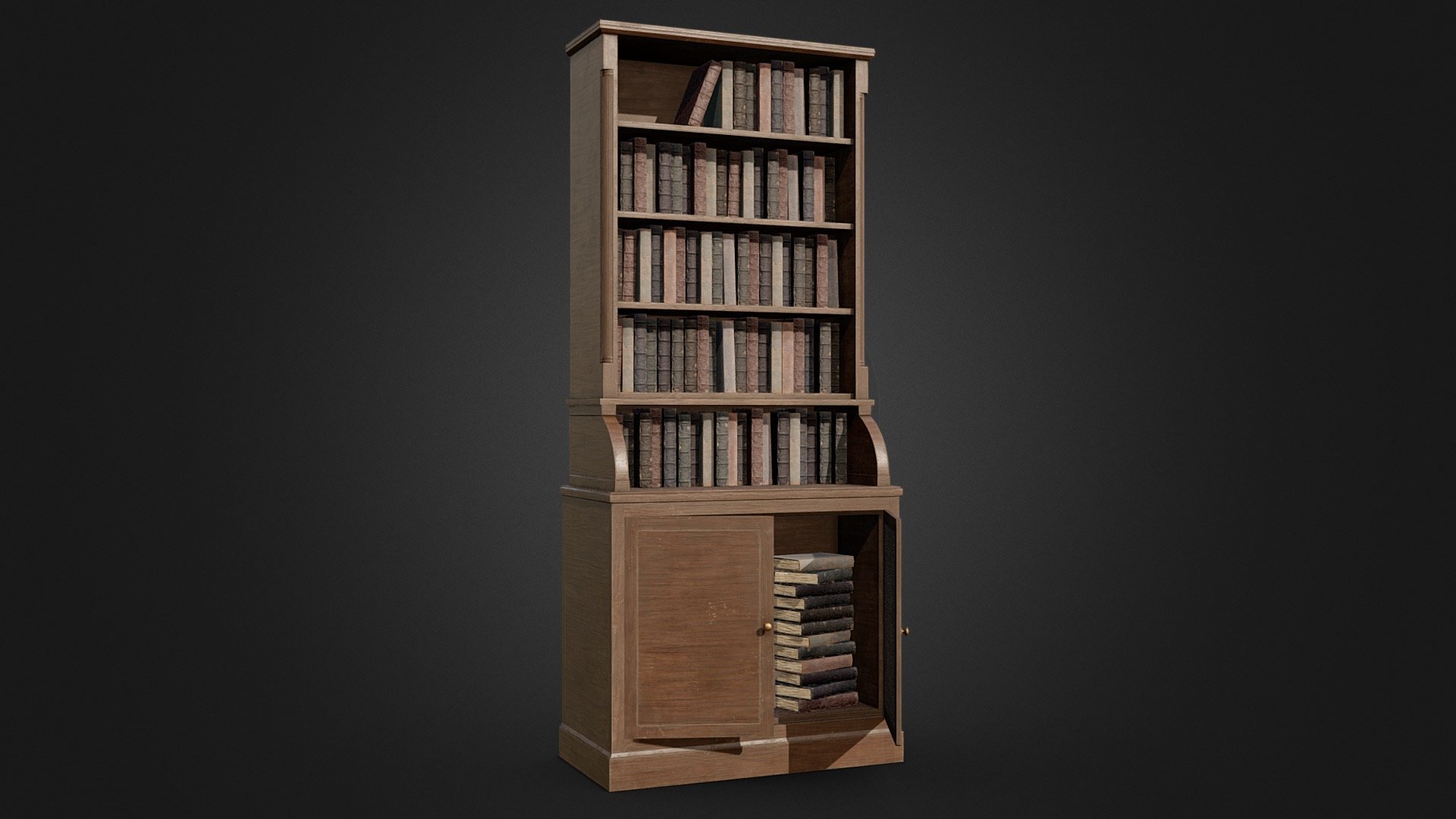 A low-poly, game ready vintage bookcase with books. The model will look great in a Victorian-themed environment and is suitable for use in game, VR, archviz and visual production.

This model is included in the Victorian Bookcase Collection on Sketchfab.

Features




Model includes a Victorian-themed bookcase with books. The cabinet draws can be opened and closed

Model is low-poly and optimised for use in game, VR, archviz, and visual production.

Clean topology. Objects are grouped, named appropriately and unwrapped.

Modelled in Blender and textured in Substance Painter.

6,768 triangle count; 4,440 vertices.

Textures

Model has 1 PBR texture set. Textures are in .png at 4096x4096 and includes: Base Colour, Metallic, Roughness, Normal 3d model