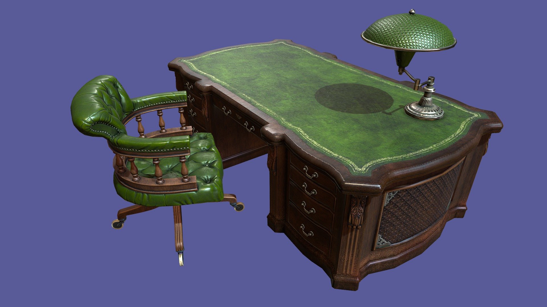 This is part of an antique looking, noir themed office desk with a lamp and chair 3d model