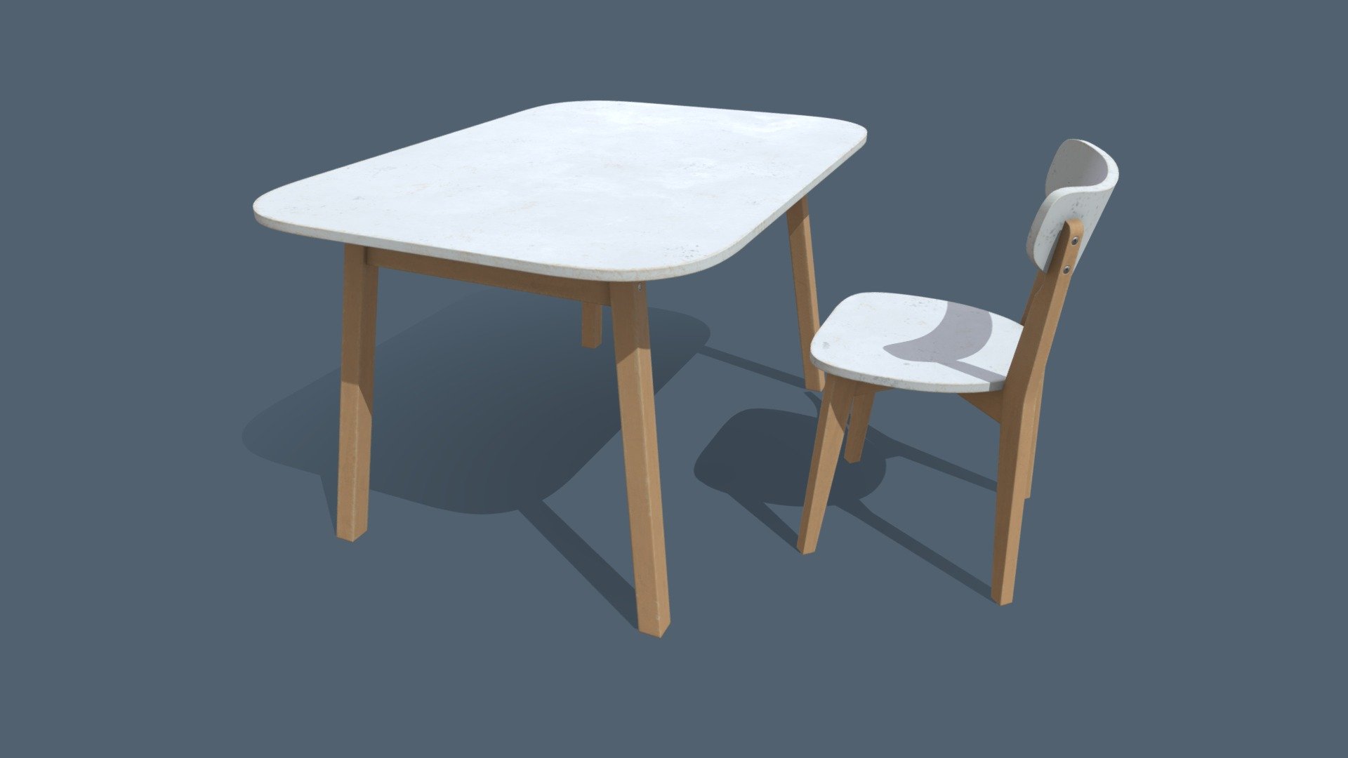 Game ready low-poly Old Dining Table and Chair models with PBR textures for game engines/renderers. 4096x4096 PBR Metallic/Roughness textures.

This product is intended for game/real time/background use. This model is not intended for subdivision. Geometry is triangulated. Model unwrapped manually. All materials and objects named appropriately. Scaled to approximate real world size. Tested in Marmoset Toolbag 3. Tested in Unreal Engine 4. Tested in Unity. No special plugins needed. .obj and .fbx versions exported from Blender 2.83.

4096x4096 textures for each models in png format:
- General PBR Metallic/Roughness  textures: BaseColor, Metallic, Roughness, Normal, AO;
- Unity Textures: Albedo, MetallicSmoothness, Normal, AO;
- Unreal Engine 4 textures: BaseColor, OcclusionRoughnessMetallic, Normal;
- PBR Specular/Glossiness textures: Diffuse, Specular, Glossiness, Normal, AO.

Also included clean variant of textures without damage.
 - Old Dining Table and Chair - 3D model by AshMesh 3d model