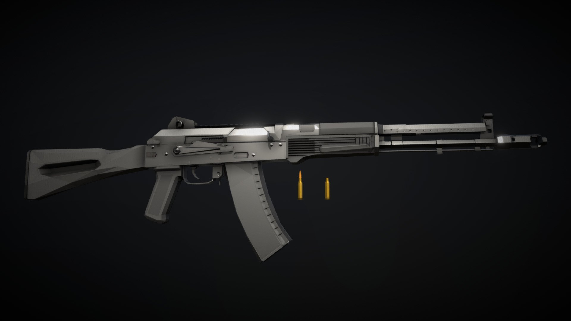 Low-Poly model of an AK-107, a 5.45 caliber rifle with a balanced recoil system, in which two gas pistons traveling in different directions are mechanically linked, cancelling out eachother's recoil force and reducing recoil significantly.

if there are any details that seem wrong to you, please let me know. It has been quite hard to find good references and try to make it as accurate as possible, and I might have gotten a few small things wrong.

14/10/22:
corrected a detail on the forward gas piston shroud/forward dust cover (I don't think this part even has a name but I'm giving it one lmao) - Low-Poly AK-107 - Download Free 3D model by notcplkerry 3d model