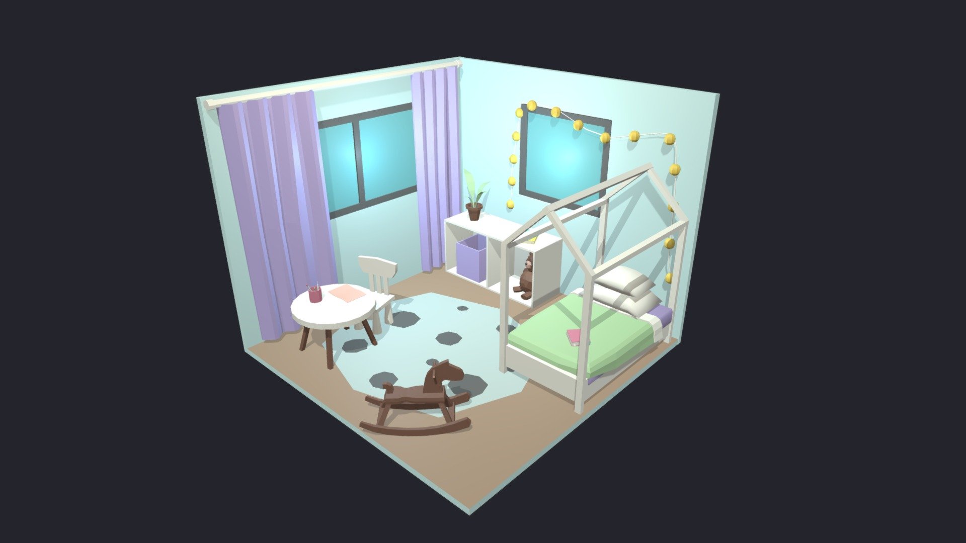 Low poly room is ready to be used for games, rendering and advertising.

This is a children's room complete with furniture. Measures 5 m x 5 m.

This set includes 16 unique props: table / bed / pillows / curtains / plant / toys / rug and accessories and much more!

Technical details:

The whole room has:




Vertex: 4138

Faces: 3831

Tris: 7524

Has only one color texture (2048/1024/512/256 /128px) and one material for the entire game set.

Unwrapped UVs - Overlapping.

files: blender  fbx  obj 

Feel free to download it and leave your reviews, comments and likes. This will help us create more products for you :) - Children's Room 4 Low-poly 3D model - Buy Royalty Free 3D model by Mnostva 3d model