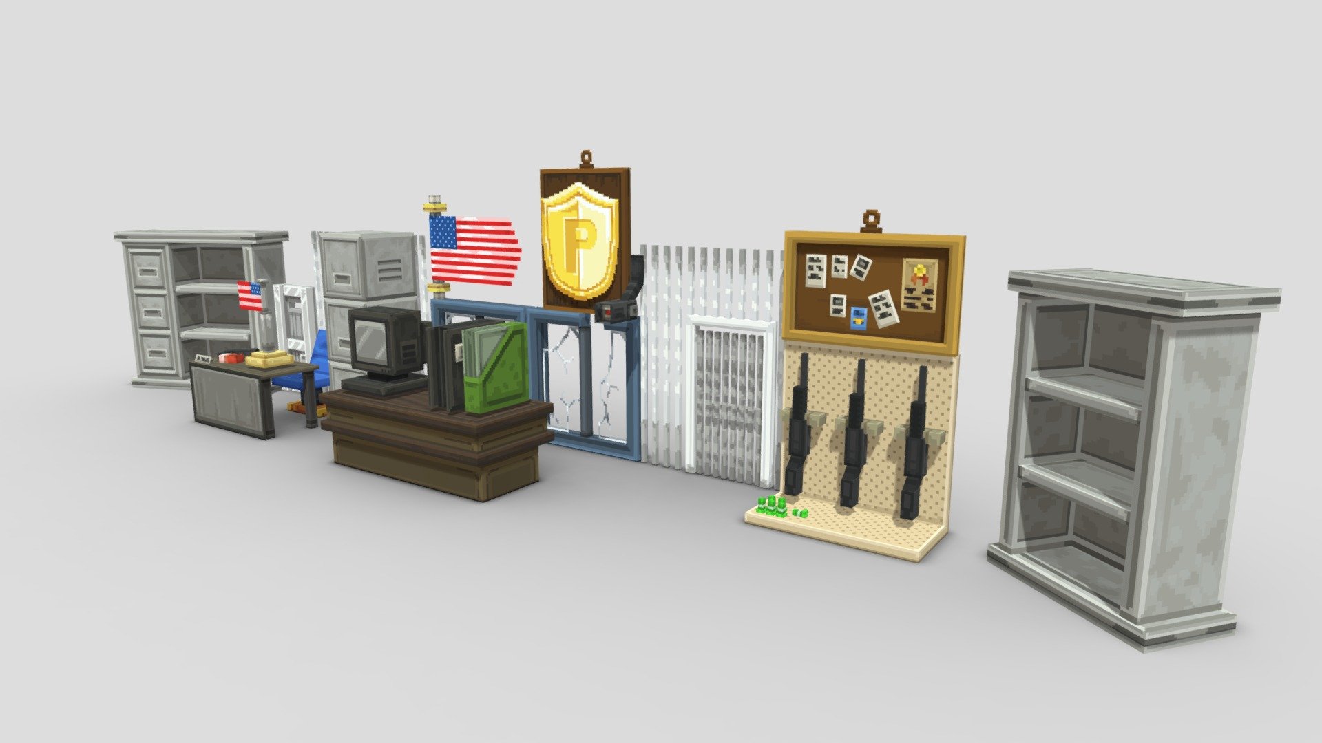 Police Furniture Pack, Includes 20 models:




Announce Table

Big Flag

Board

Cage Door

Cage

CCTV

Chair

Document

Gun Shelf

Gun

Iron Door

Iron Locker

Iron Shelf x2

Sign

Small Flag

Table Small

TV

Windows (Unbroken)

Windows (Broken)
 - Police Furniture Pack - Buy Royalty Free 3D model by EliteCreatures 3d model