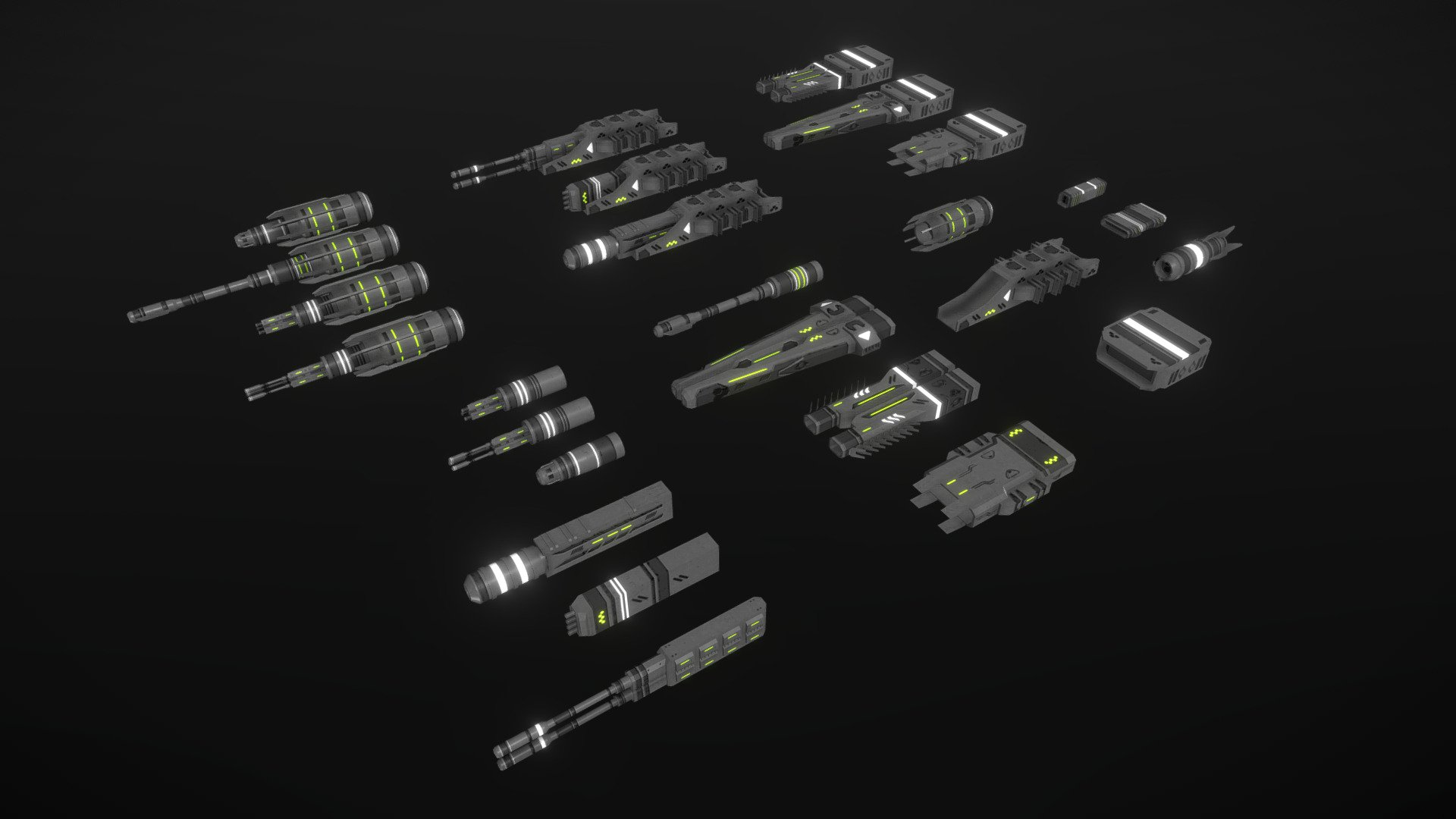 This arre low-poly and game-ready modular scifi spaceship fighter wepons. 

The weapons are separate meshes and can be animated with a keyframe animation tool. The weapon loadout can be changed too. 

The PSD file with intact layers is included.

If you have purchased this model please make sure to download the “additional file”.  It contains FBX and OBJ meshes, full resolution textures and the source PSDs with intact layers. The meshes are separate and can be animated (e.g. firing animations for gun barrels, etc) 3d model