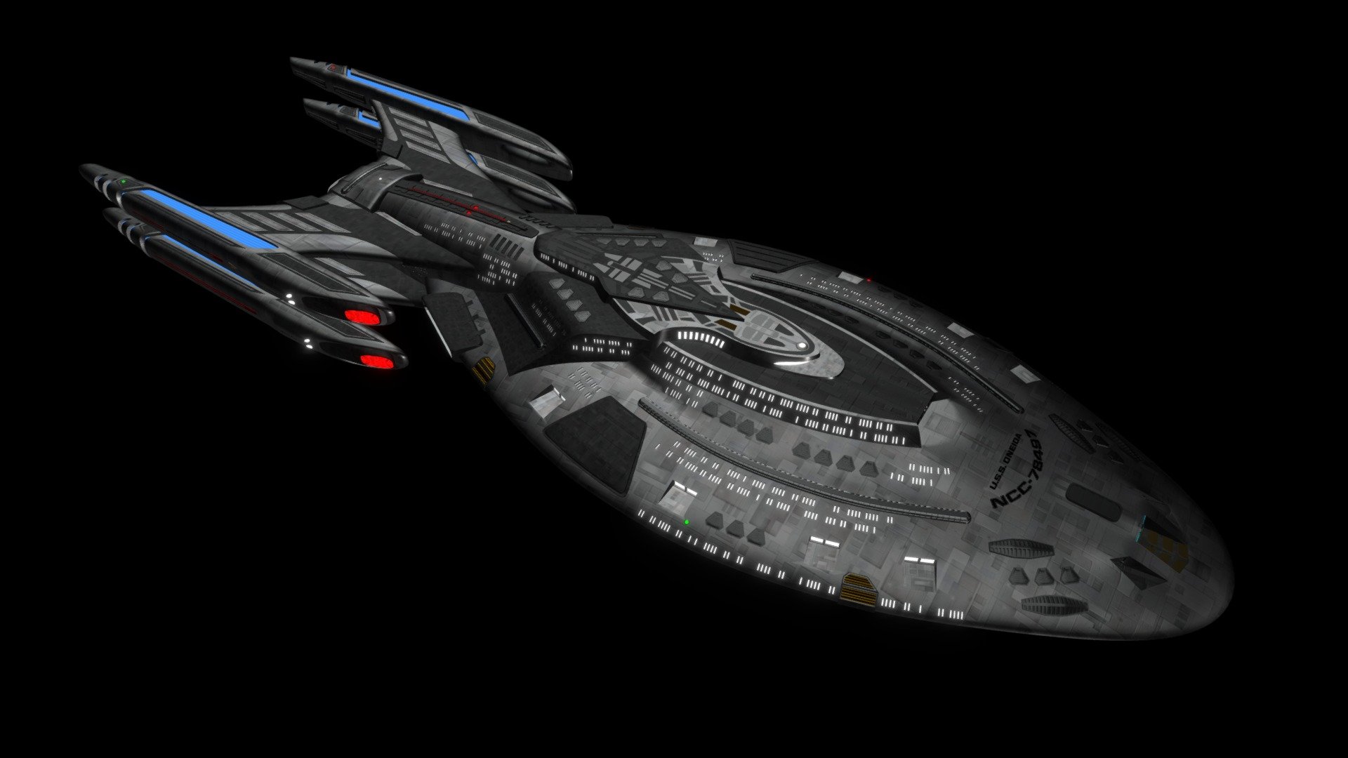 Just like with the USS Cayuga of the same class, she is a long range explorer, with minimum staff and lots of internal space used for science and exploration as well as resources to sustain her away from port for many years. She is a later iteration of the old Chayenne class starships, which also had four nacelles, only this latter engine assembly is far more efficient and calibrated to sustain a very solid warp field for long durations of time. 3D model commissioning by Kalashnikov 3D, owned by Auctor Lucan (http://auctor-lucan.deviantart.com/ ). Designed by me in inspiration from multiple sources, such as the Vesta, Intrepid, Prometheus, Chyenne and well as a fan design called Pioneer-class by Rian 3d model